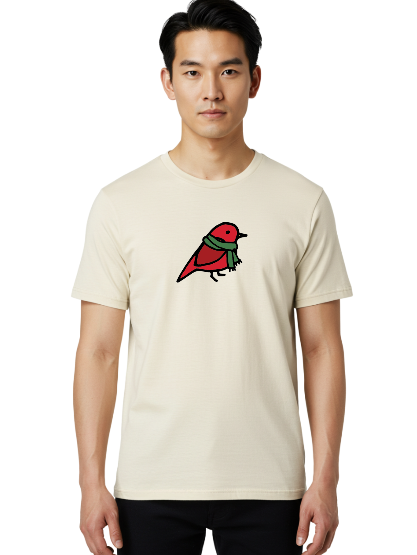 Red-Bird-With-Grey-Scarf Men'S Graphic Tee, 100% Cotton, Comfortable Casual Summer Wear, Machine Washable, Red Bird, Cartoon Style, Green Scarf, Black Outlines, Winter Theme, Festive, Charming, Simple Design, Playful, Cute Aab064