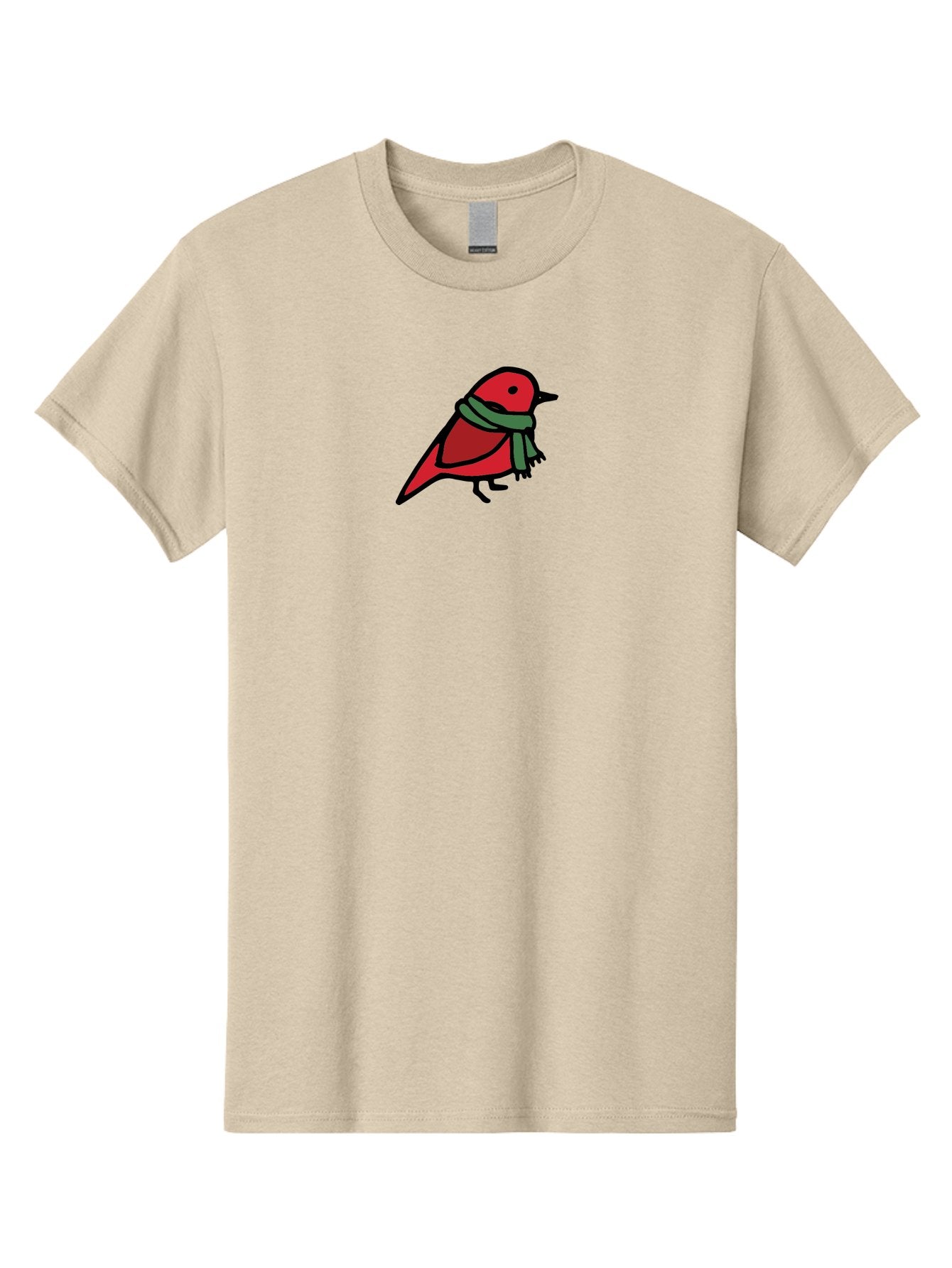 Red-Bird-With-Grey-Scarf Men'S Graphic Tee, 100% Cotton, Comfortable Casual Summer Wear, Machine Washable, Red Bird, Cartoon Style, Green Scarf, Black Outlines, Winter Theme, Festive, Charming, Simple Design, Playful, Cute Aab064 8