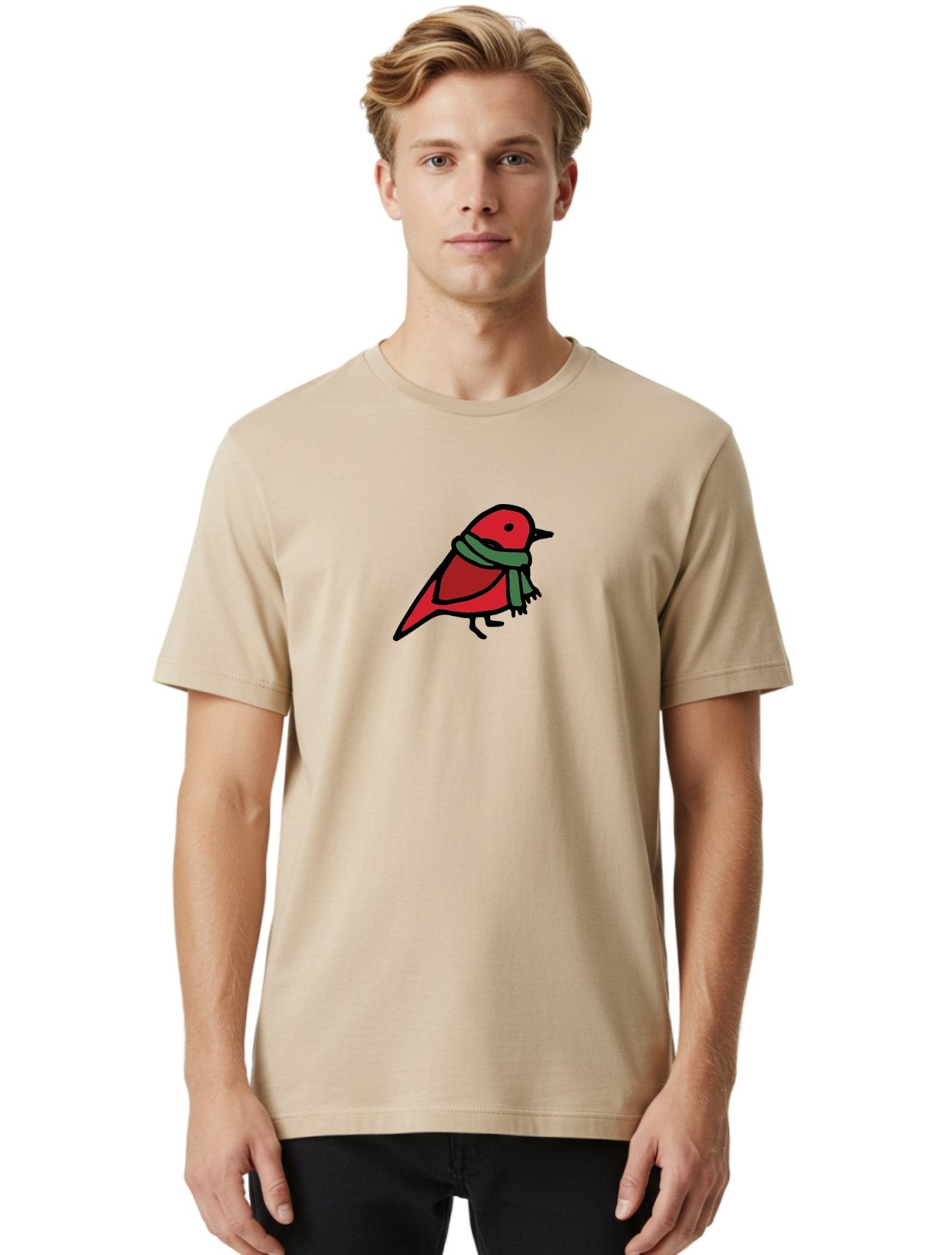 Red-Bird-With-Grey-Scarf Men'S Graphic Tee, 100% Cotton, Comfortable Casual Summer Wear, Machine Washable, Red Bird, Cartoon Style, Green Scarf, Black Outlines, Winter Theme, Festive, Charming, Simple Design, Playful, Cute Aab064 25