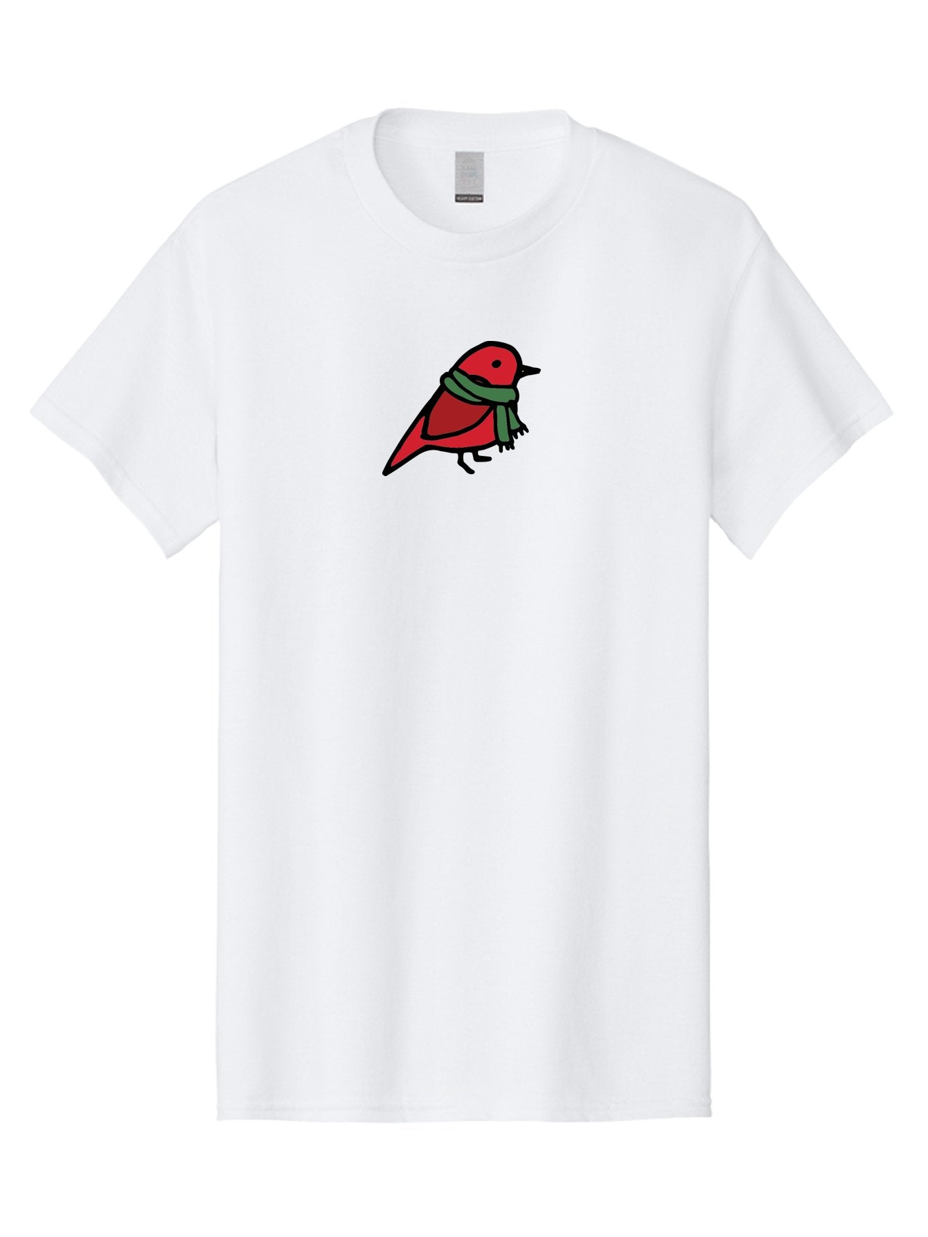 Red-Bird-With-Grey-Scarf Men'S Graphic Tee, 100% Cotton, Comfortable Casual Summer Wear, Machine Washable, Red Bird, Cartoon Style, Green Scarf, Black Outlines, Winter Theme, Festive, Charming, Simple Design, Playful, Cute Aab064 5