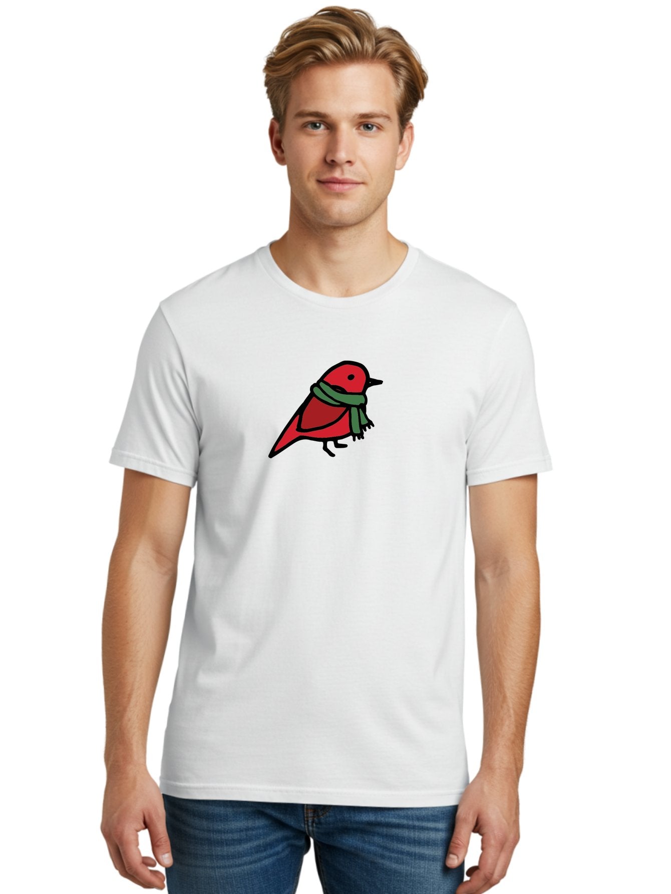 Red-Bird-With-Grey-Scarf Men'S Graphic Tee, 100% Cotton, Comfortable Casual Summer Wear, Machine Washable, Red Bird, Cartoon Style, Green Scarf, Black Outlines, Winter Theme, Festive, Charming, Simple Design, Playful, Cute Aab064 23