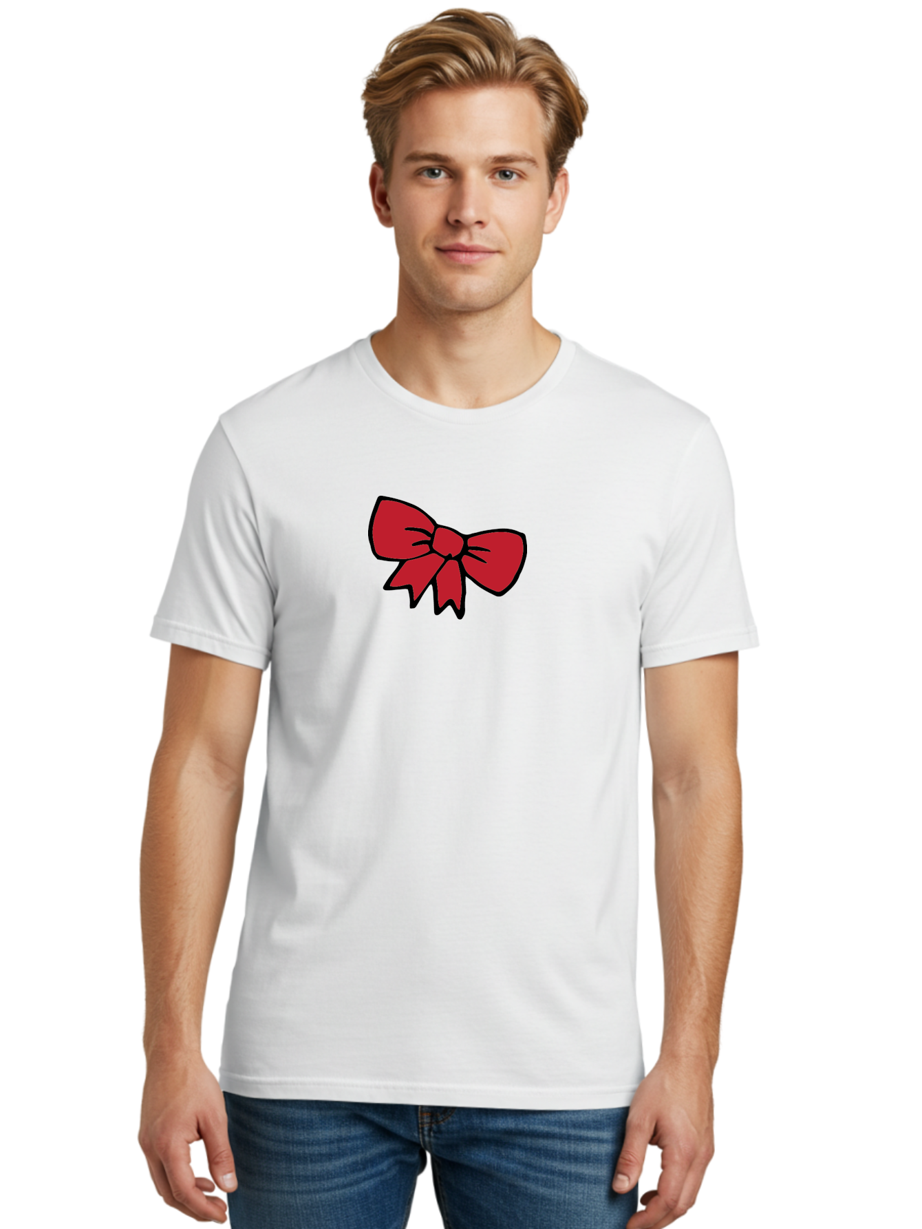 Red-Bow-3 Men'S Graphic Tee, 100% Cotton, Comfortable Casual Summer Wear, Machine Washable, Red Bow, Gift Wrapping, Festive Decor, Holiday Theme, Decorative Element, Cartoon Illustration, Simple Design Aab068 30