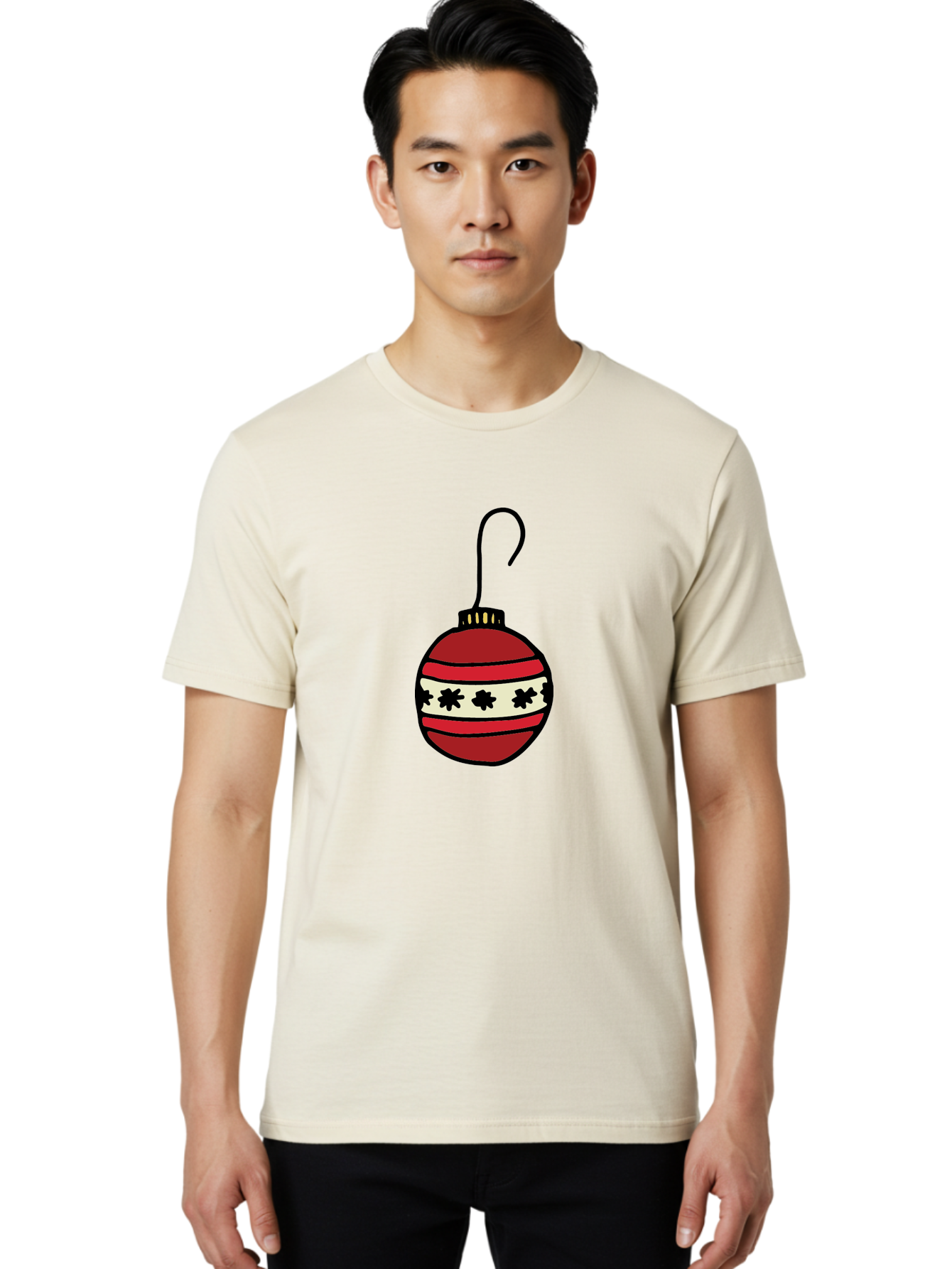 Red-Christmas-Ornament Men'S Graphic Tee, 100% Cotton, Comfortable Casual Summer Wear, Machine Washable, Red Christmas Bauble, Festive Decoration, Holiday Ornament, Black And White Pattern, Snowflake Design, Christmas Tree Decor, Aab076 16