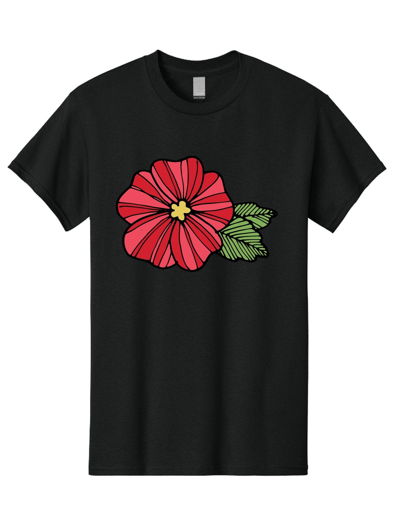 Red-Flower Men'S Graphic Tee, 100% Cotton, Comfortable Casual Summer Wear, Machine Washable, Red Flower, Yellow Center, Green Leaves, Floral Design, Vibrant Petals, Simple Illustration, Cartoon Style, Botanical Art Aab080 13