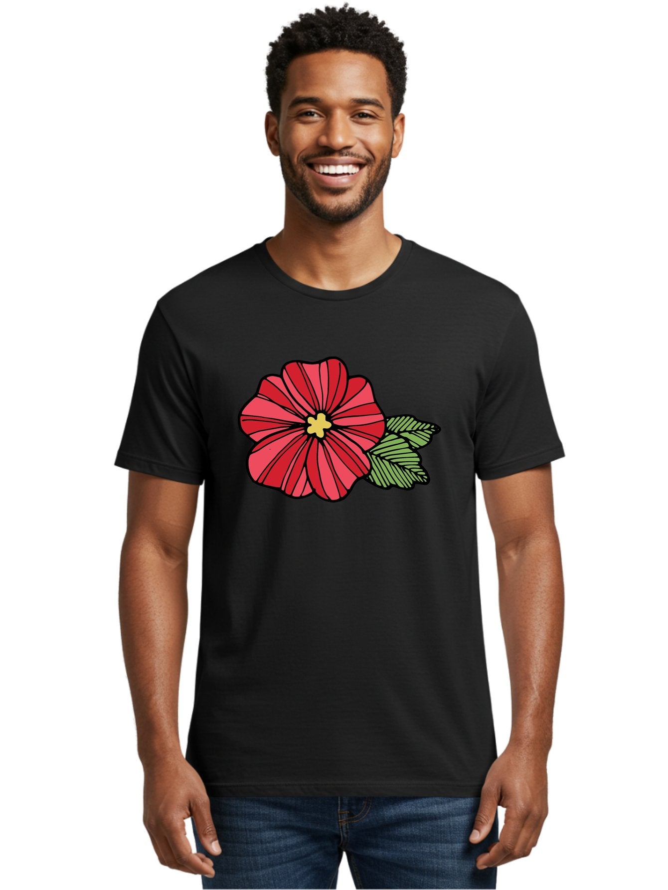 Red-Flower Men'S Graphic Tee, 100% Cotton, Comfortable Casual Summer Wear, Machine Washable, Red Flower, Yellow Center, Green Leaves, Floral Design, Vibrant Petals, Simple Illustration, Cartoon Style, Botanical Art Aab080 20