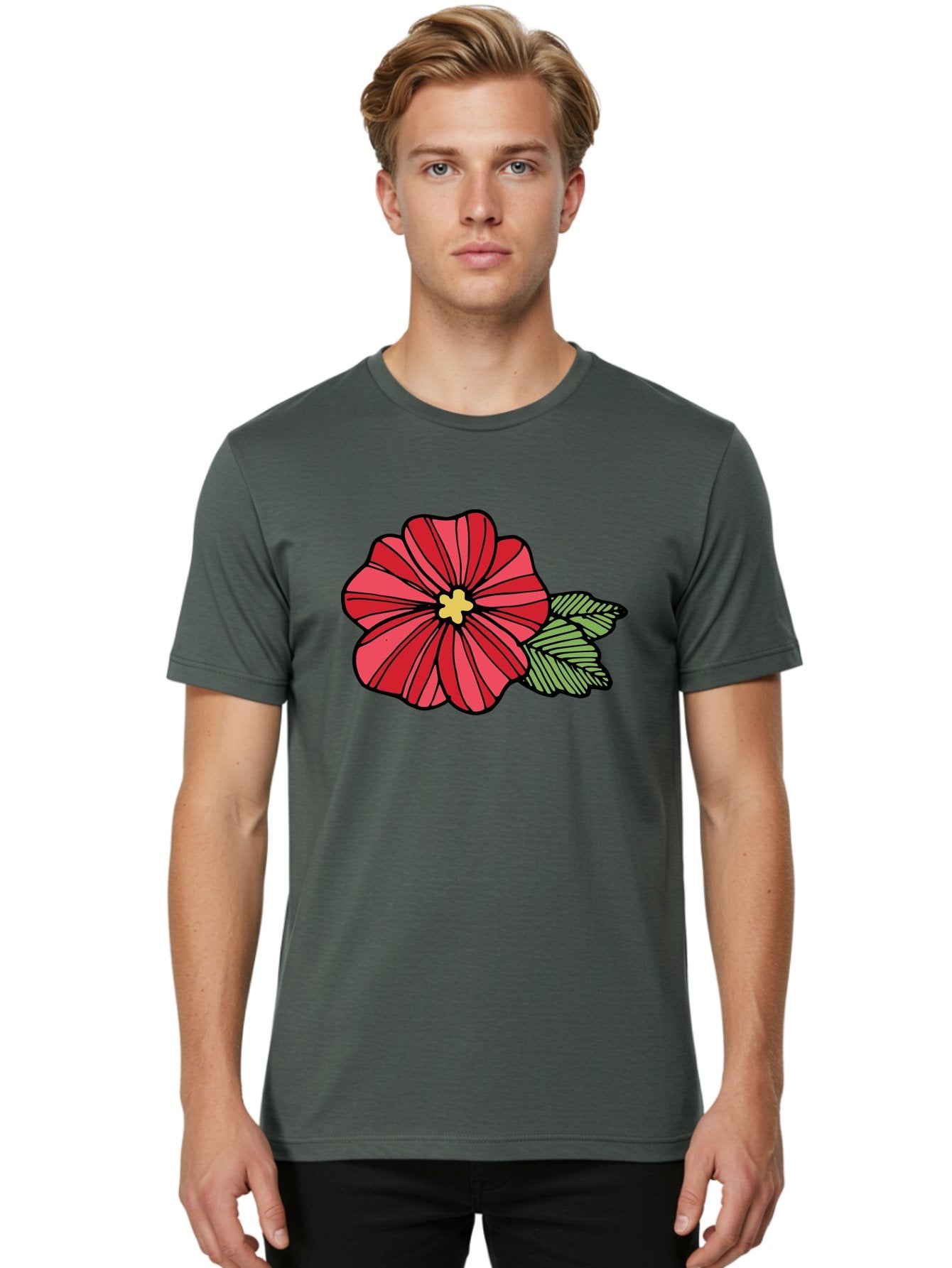 Red-Flower Men'S Graphic Tee, 100% Cotton, Comfortable Casual Summer Wear, Machine Washable, Red Flower, Yellow Center, Green Leaves, Floral Design, Vibrant Petals, Simple Illustration, Cartoon Style, Botanical Art Aab080 26