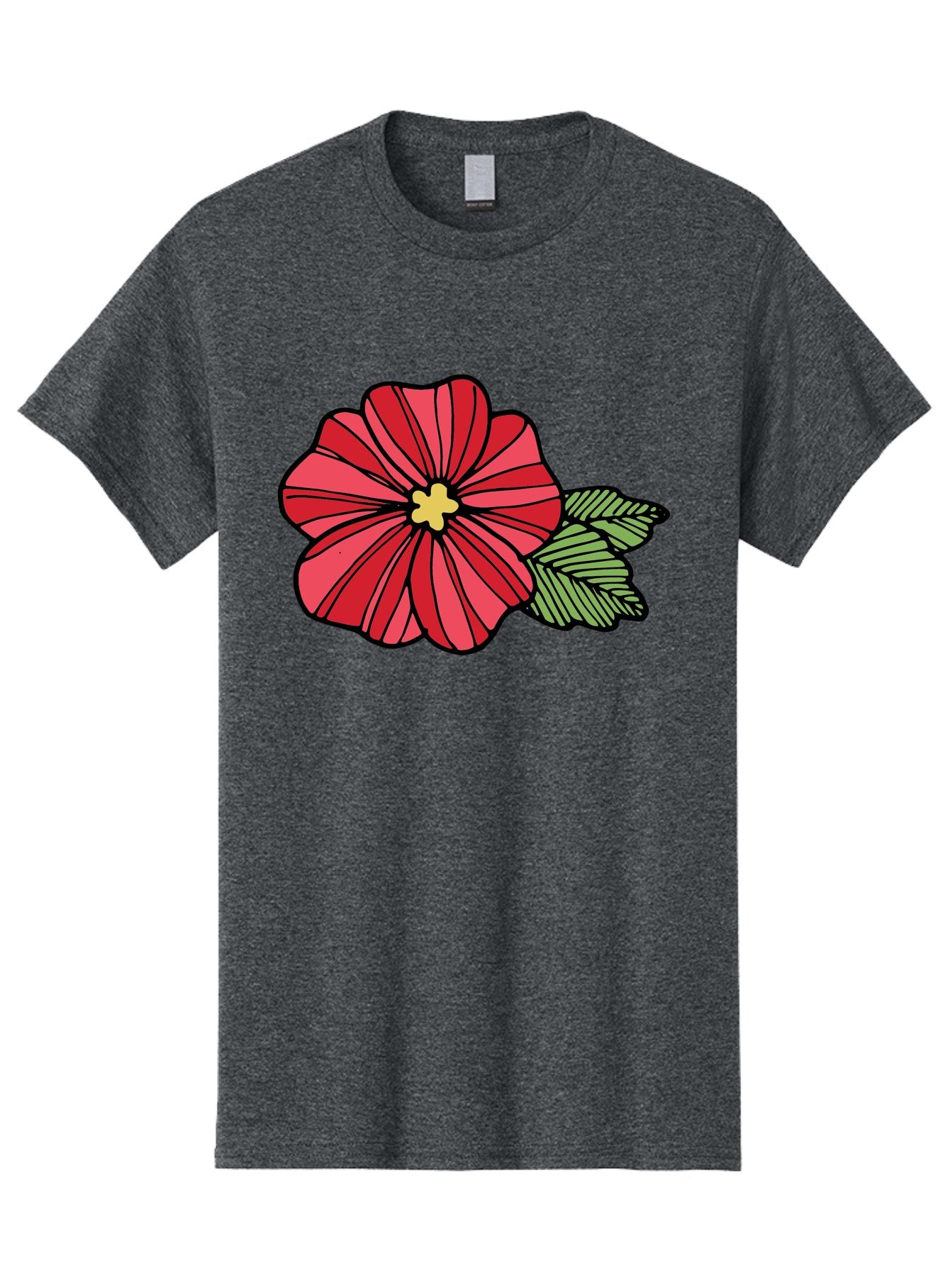Red-Flower Men'S Graphic Tee, 100% Cotton, Comfortable Casual Summer Wear, Machine Washable, Red Flower, Yellow Center, Green Leaves, Floral Design, Vibrant Petals, Simple Illustration, Cartoon Style, Botanical Art Aab080 15