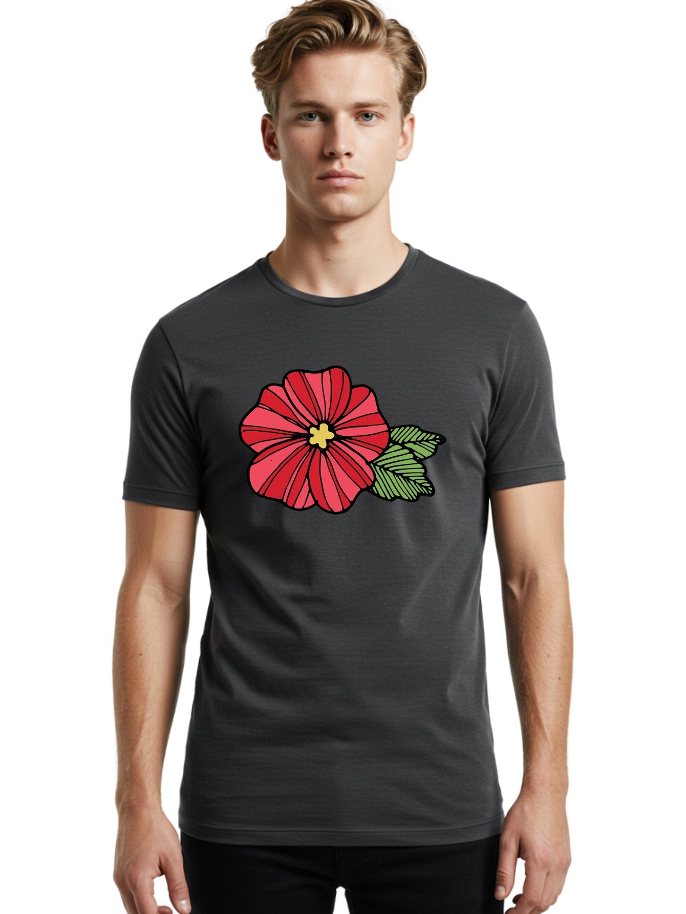 Red-Flower Men'S Graphic Tee, 100% Cotton, Comfortable Casual Summer Wear, Machine Washable, Red Flower, Yellow Center, Green Leaves, Floral Design, Vibrant Petals, Simple Illustration, Cartoon Style, Botanical Art Aab080 30