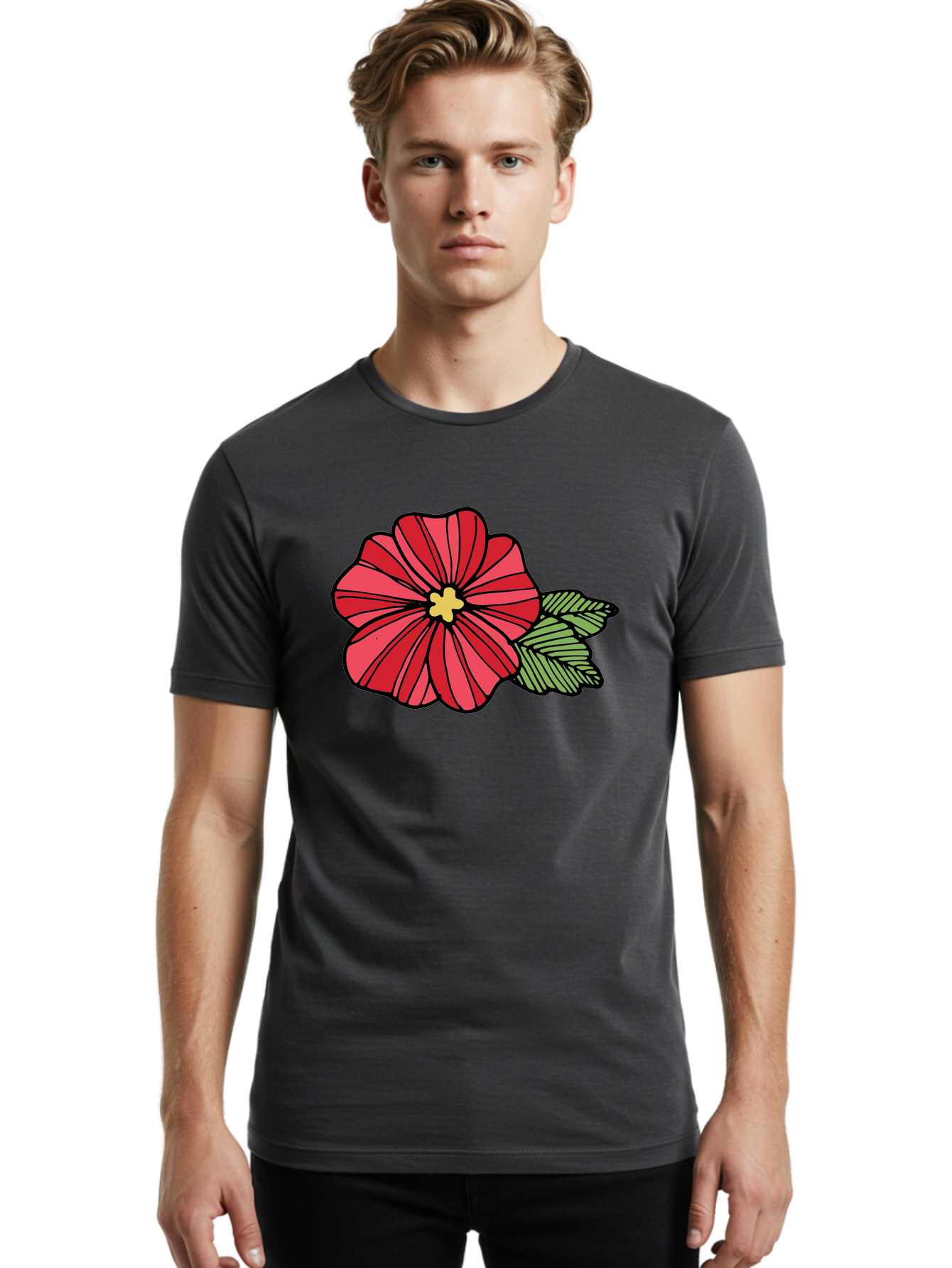 Red-Flower Men'S Graphic Tee, 100% Cotton, Comfortable Casual Summer Wear, Machine Washable, Red Flower, Yellow Center, Green Leaves, Floral Design, Vibrant Petals, Simple Illustration, Cartoon Style, Botanical Art Aab080 8