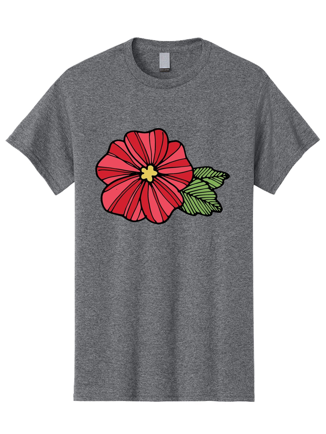 Red-Flower Men'S Graphic Tee, 100% Cotton, Comfortable Casual Summer Wear, Machine Washable, Red Flower, Yellow Center, Green Leaves, Floral Design, Vibrant Petals, Simple Illustration, Cartoon Style, Botanical Art Aab080 4