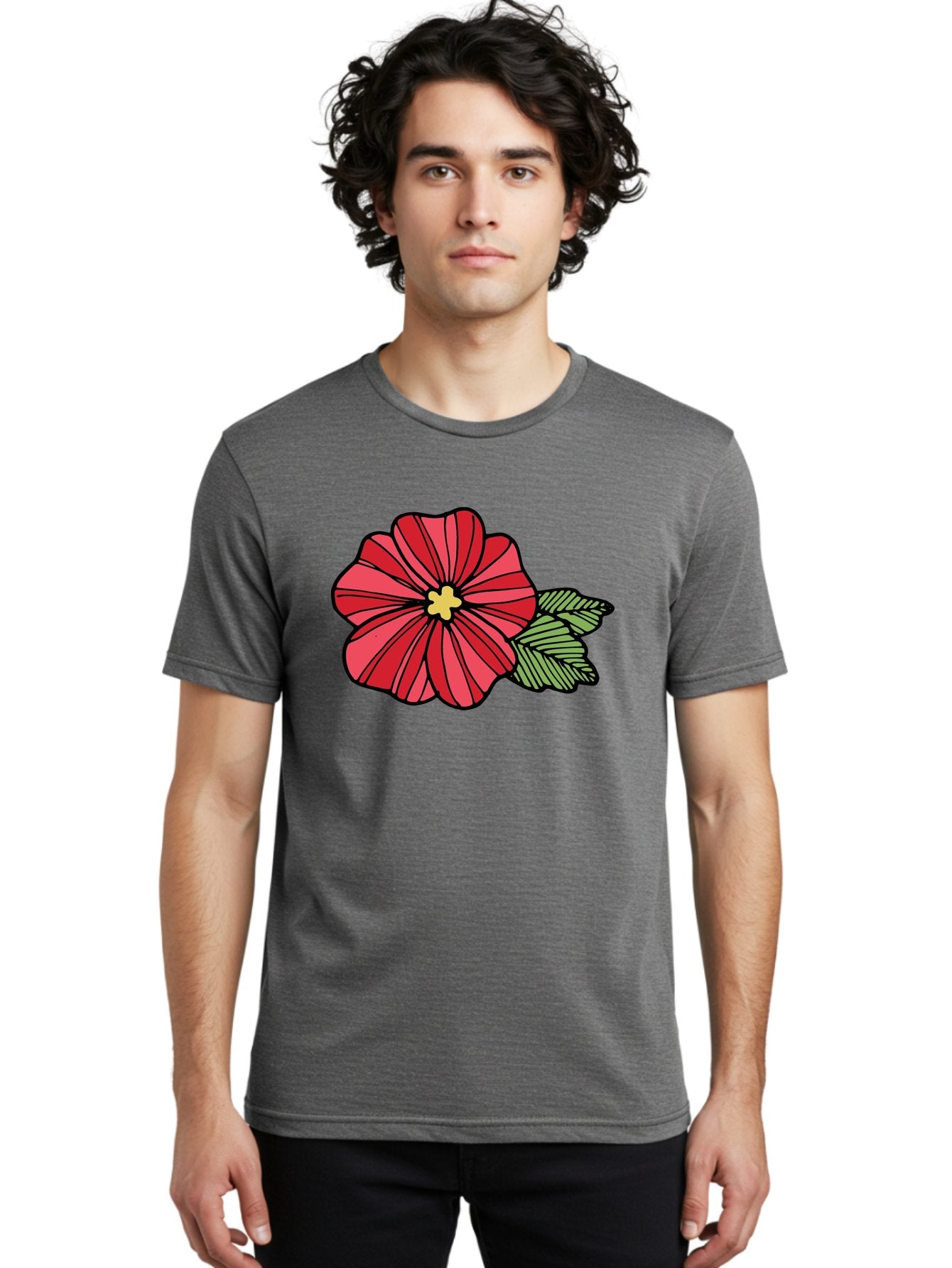 Red-Flower Men'S Graphic Tee, 100% Cotton, Comfortable Casual Summer Wear, Machine Washable, Red Flower, Yellow Center, Green Leaves, Floral Design, Vibrant Petals, Simple Illustration, Cartoon Style, Botanical Art Aab080 18