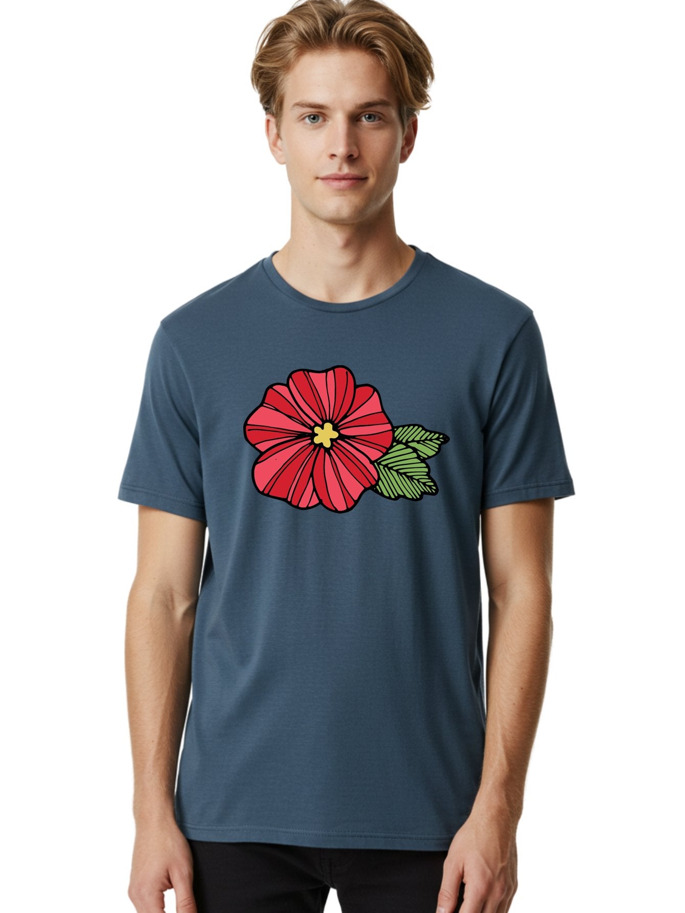 Red-Flower Men'S Graphic Tee, 100% Cotton, Comfortable Casual Summer Wear, Machine Washable, Red Flower, Yellow Center, Green Leaves, Floral Design, Vibrant Petals, Simple Illustration, Cartoon Style, Botanical Art Aab080 27
