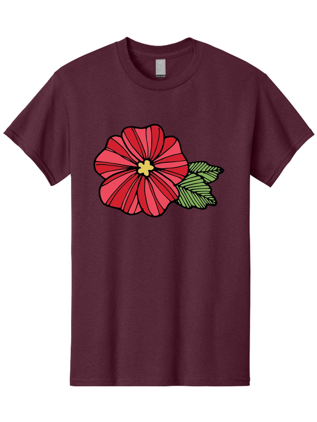 Red-Flower Men'S Graphic Tee, 100% Cotton, Comfortable Casual Summer Wear, Machine Washable, Red Flower, Yellow Center, Green Leaves, Floral Design, Vibrant Petals, Simple Illustration, Cartoon Style, Botanical Art Aab080