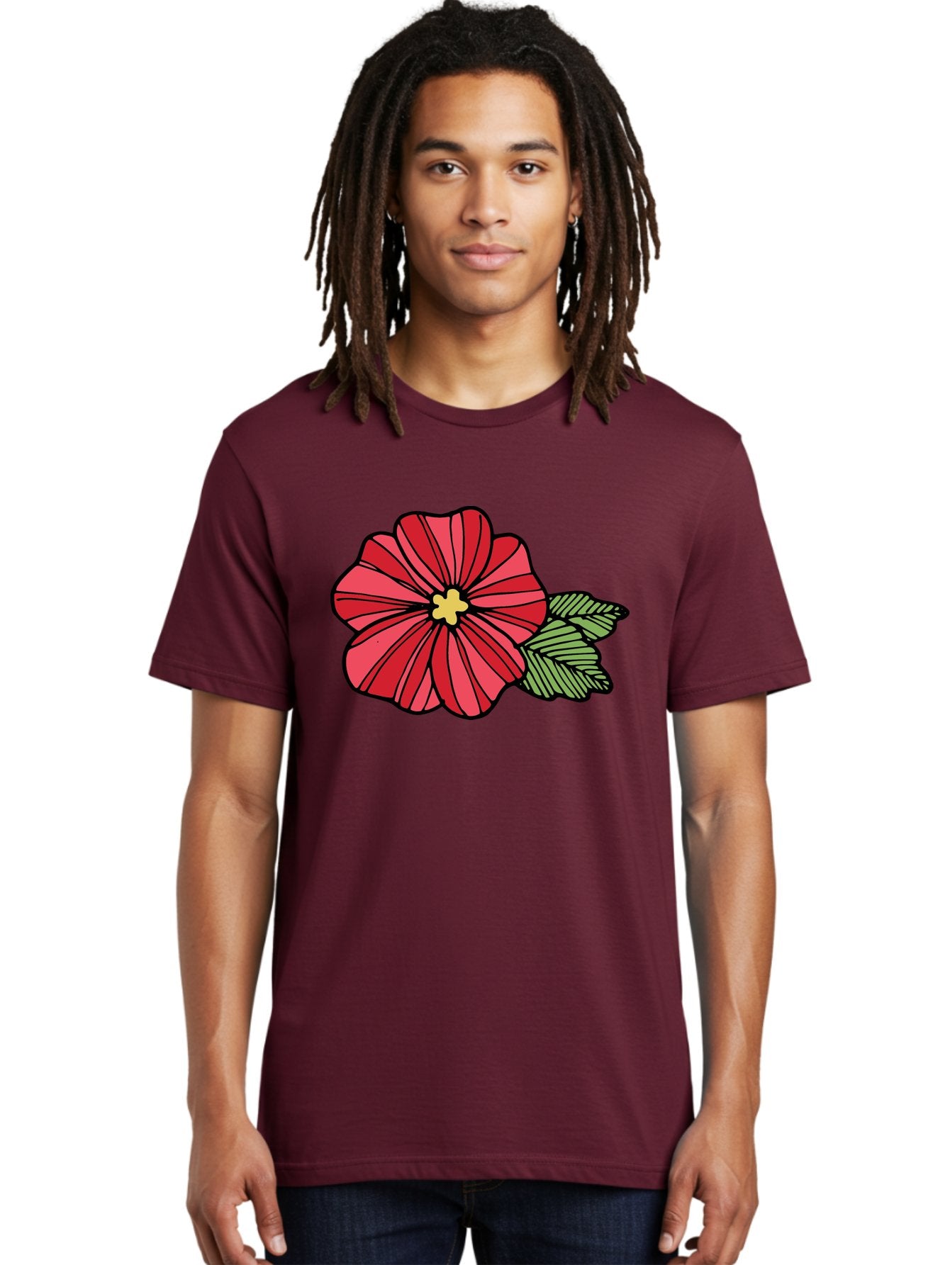Red-Flower Men'S Graphic Tee, 100% Cotton, Comfortable Casual Summer Wear, Machine Washable, Red Flower, Yellow Center, Green Leaves, Floral Design, Vibrant Petals, Simple Illustration, Cartoon Style, Botanical Art Aab080 21