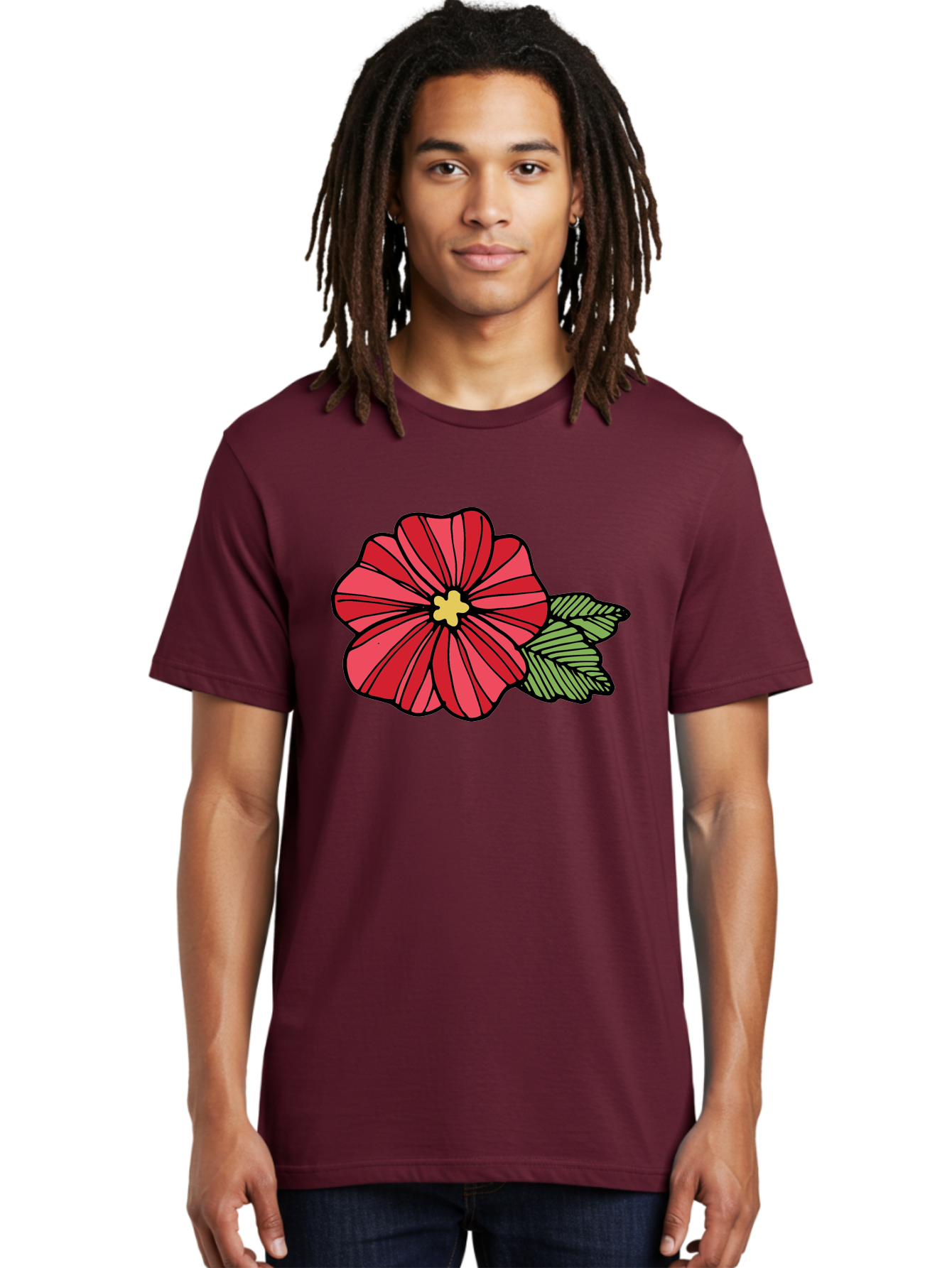 Red-Flower Men'S Graphic Tee, 100% Cotton, Comfortable Casual Summer Wear, Machine Washable, Red Flower, Yellow Center, Green Leaves, Floral Design, Vibrant Petals, Simple Illustration, Cartoon Style, Botanical Art Aab080 14