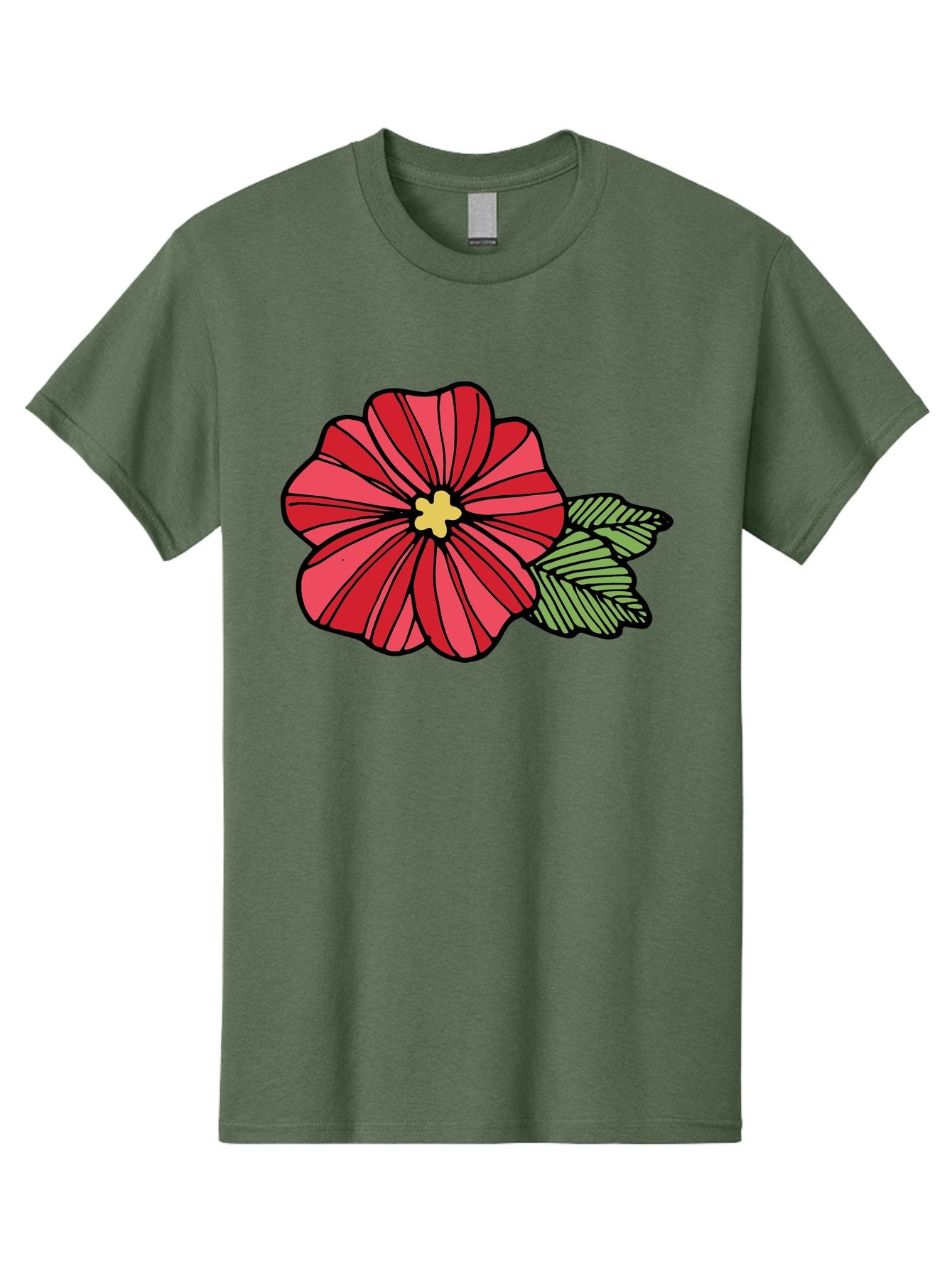 Red-Flower Men'S Graphic Tee, 100% Cotton, Comfortable Casual Summer Wear, Machine Washable, Red Flower, Yellow Center, Green Leaves, Floral Design, Vibrant Petals, Simple Illustration, Cartoon Style, Botanical Art Aab080 5