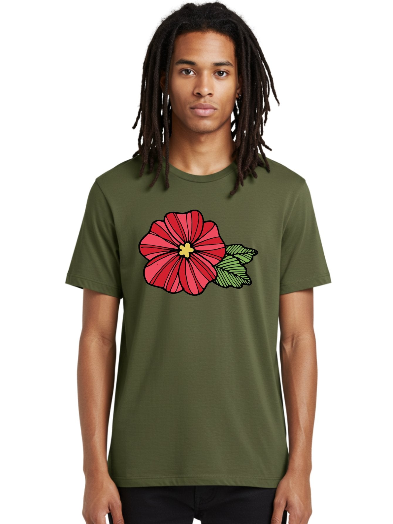 Red-Flower Men'S Graphic Tee, 100% Cotton, Comfortable Casual Summer Wear, Machine Washable, Red Flower, Yellow Center, Green Leaves, Floral Design, Vibrant Petals, Simple Illustration, Cartoon Style, Botanical Art Aab080 23