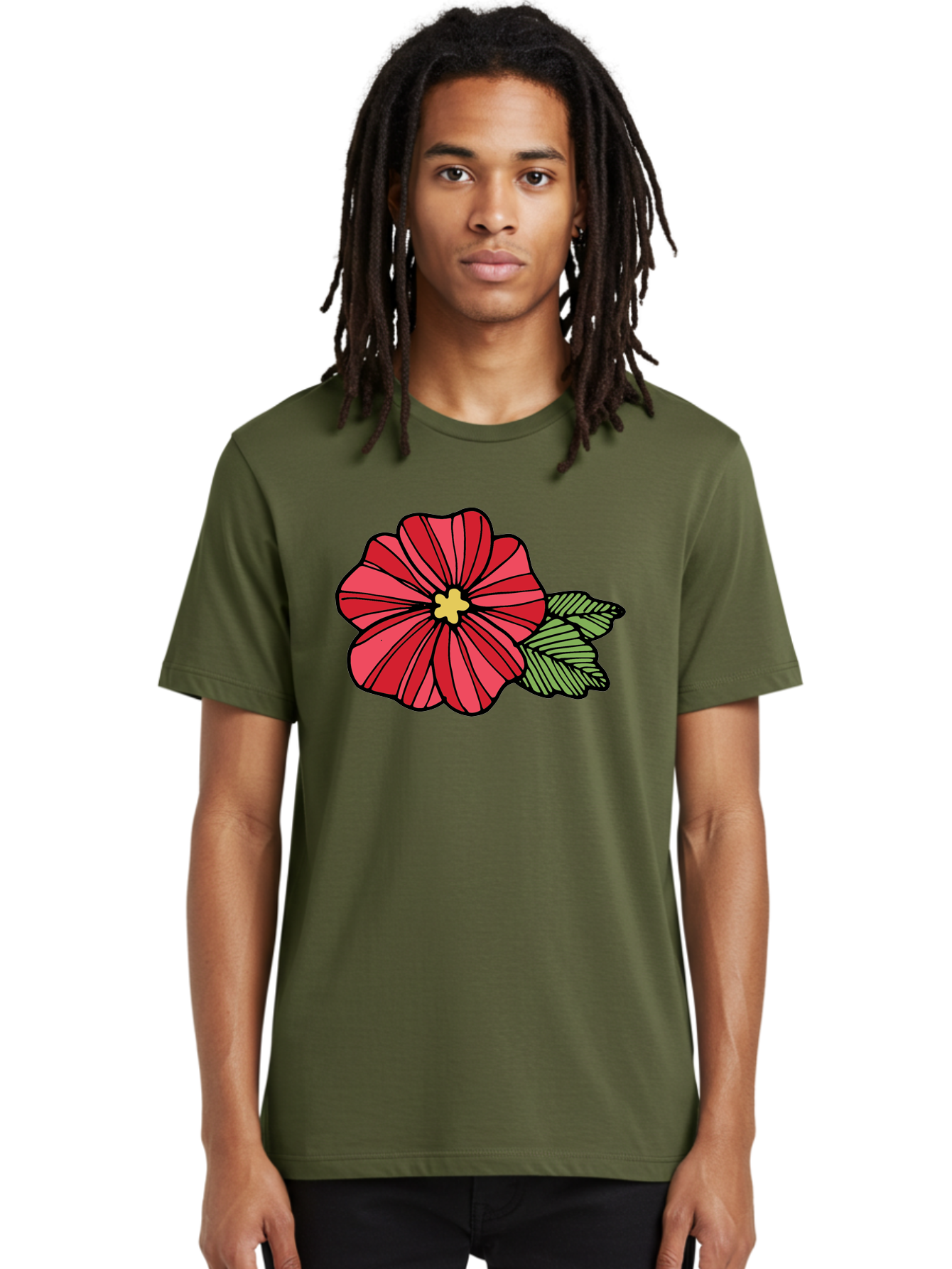 Red-Flower Men'S Graphic Tee, 100% Cotton, Comfortable Casual Summer Wear, Machine Washable, Red Flower, Yellow Center, Green Leaves, Floral Design, Vibrant Petals, Simple Illustration, Cartoon Style, Botanical Art Aab080 16