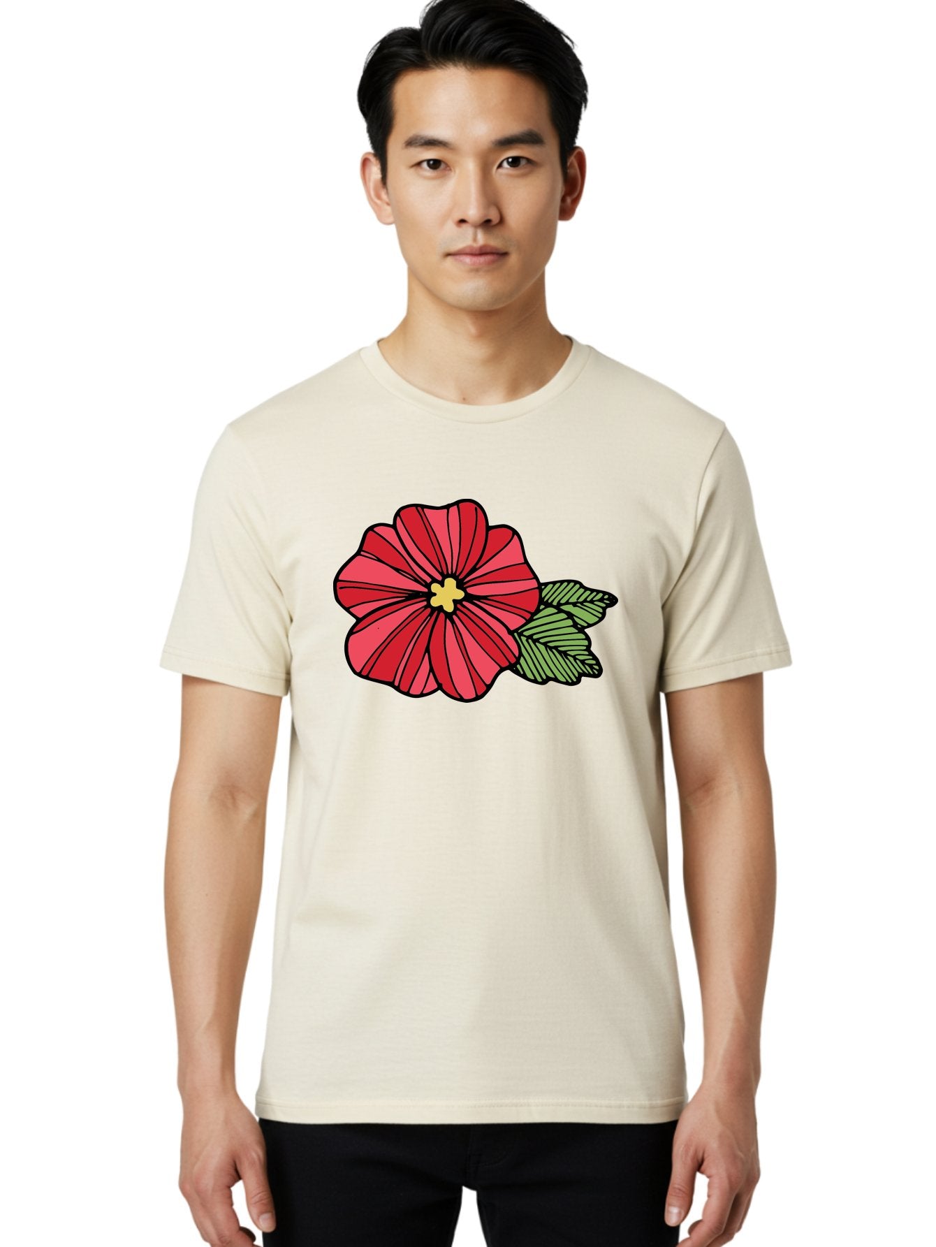 Red-Flower Men'S Graphic Tee, 100% Cotton, Comfortable Casual Summer Wear, Machine Washable, Red Flower, Yellow Center, Green Leaves, Floral Design, Vibrant Petals, Simple Illustration, Cartoon Style, Botanical Art Aab080 24