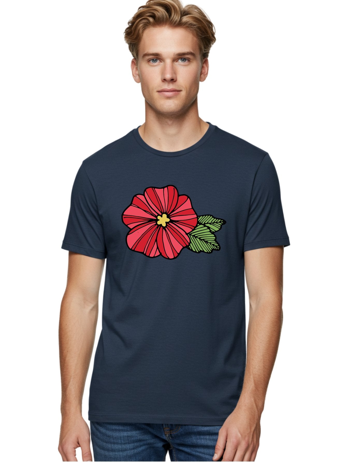 Red-Flower Men'S Graphic Tee, 100% Cotton, Comfortable Casual Summer Wear, Machine Washable, Red Flower, Yellow Center, Green Leaves, Floral Design, Vibrant Petals, Simple Illustration, Cartoon Style, Botanical Art Aab080 19