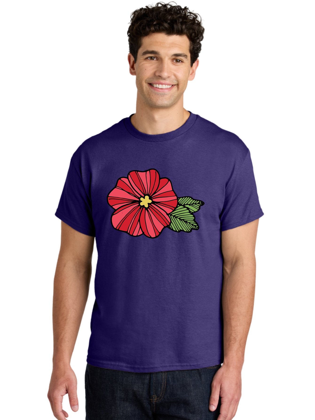 Red-Flower Men'S Graphic Tee, 100% Cotton, Comfortable Casual Summer Wear, Machine Washable, Red Flower, Yellow Center, Green Leaves, Floral Design, Vibrant Petals, Simple Illustration, Cartoon Style, Botanical Art Aab080 29