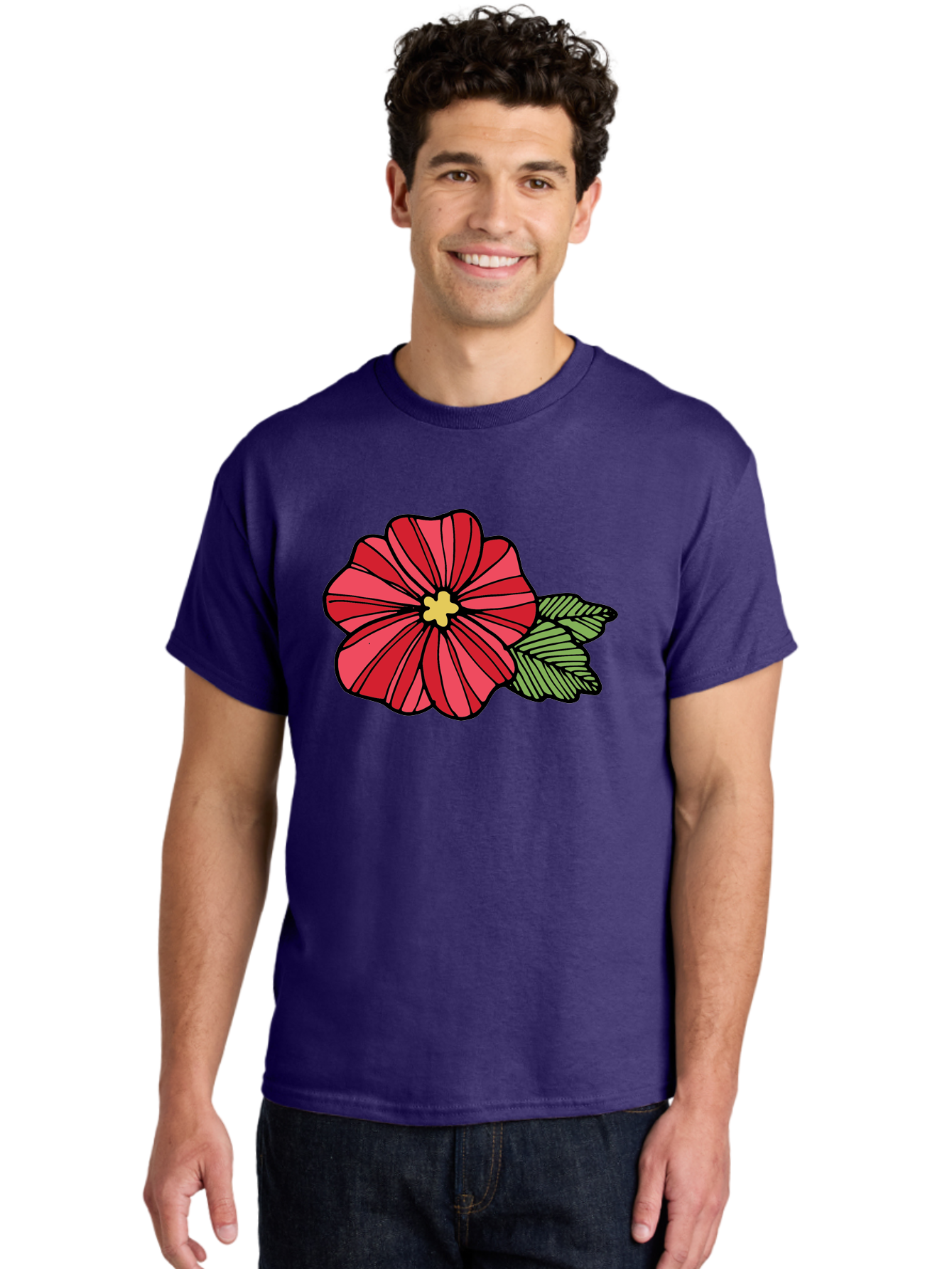 Red-Flower Men'S Graphic Tee, 100% Cotton, Comfortable Casual Summer Wear, Machine Washable, Red Flower, Yellow Center, Green Leaves, Floral Design, Vibrant Petals, Simple Illustration, Cartoon Style, Botanical Art Aab080 22