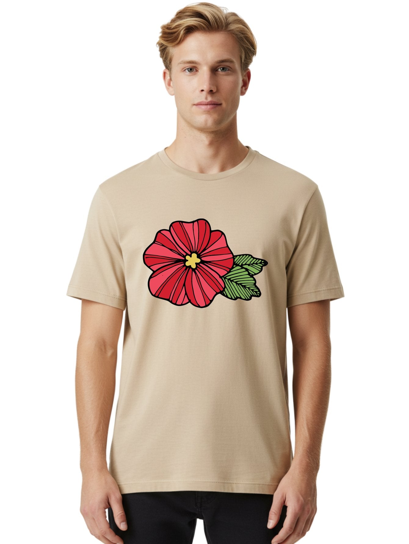 Red-Flower Men'S Graphic Tee, 100% Cotton, Comfortable Casual Summer Wear, Machine Washable, Red Flower, Yellow Center, Green Leaves, Floral Design, Vibrant Petals, Simple Illustration, Cartoon Style, Botanical Art Aab080 17