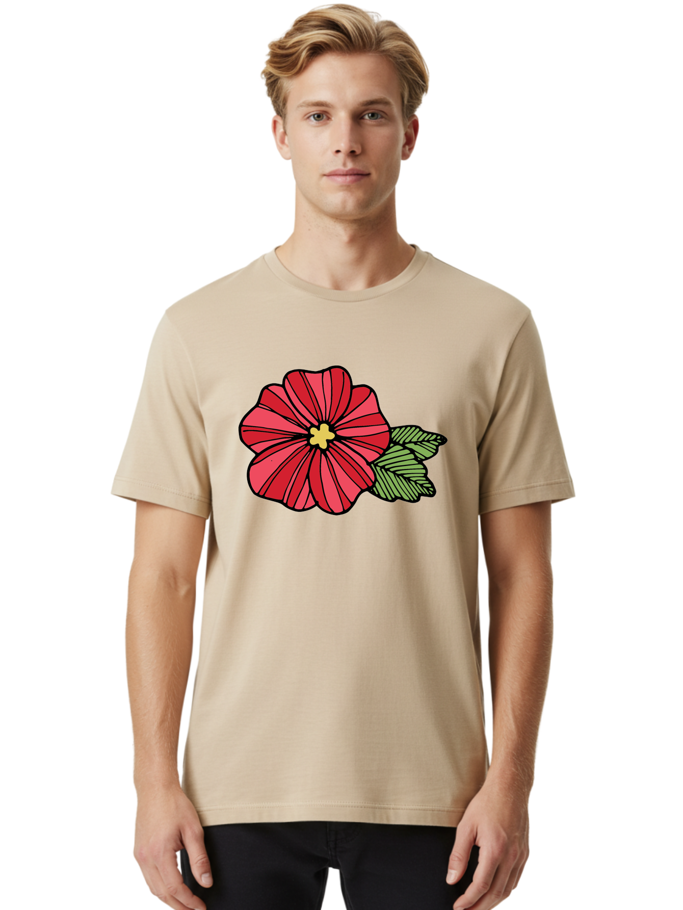 Red-Flower Men'S Graphic Tee, 100% Cotton, Comfortable Casual Summer Wear, Machine Washable, Red Flower, Yellow Center, Green Leaves, Floral Design, Vibrant Petals, Simple Illustration, Cartoon Style, Botanical Art Aab080 28