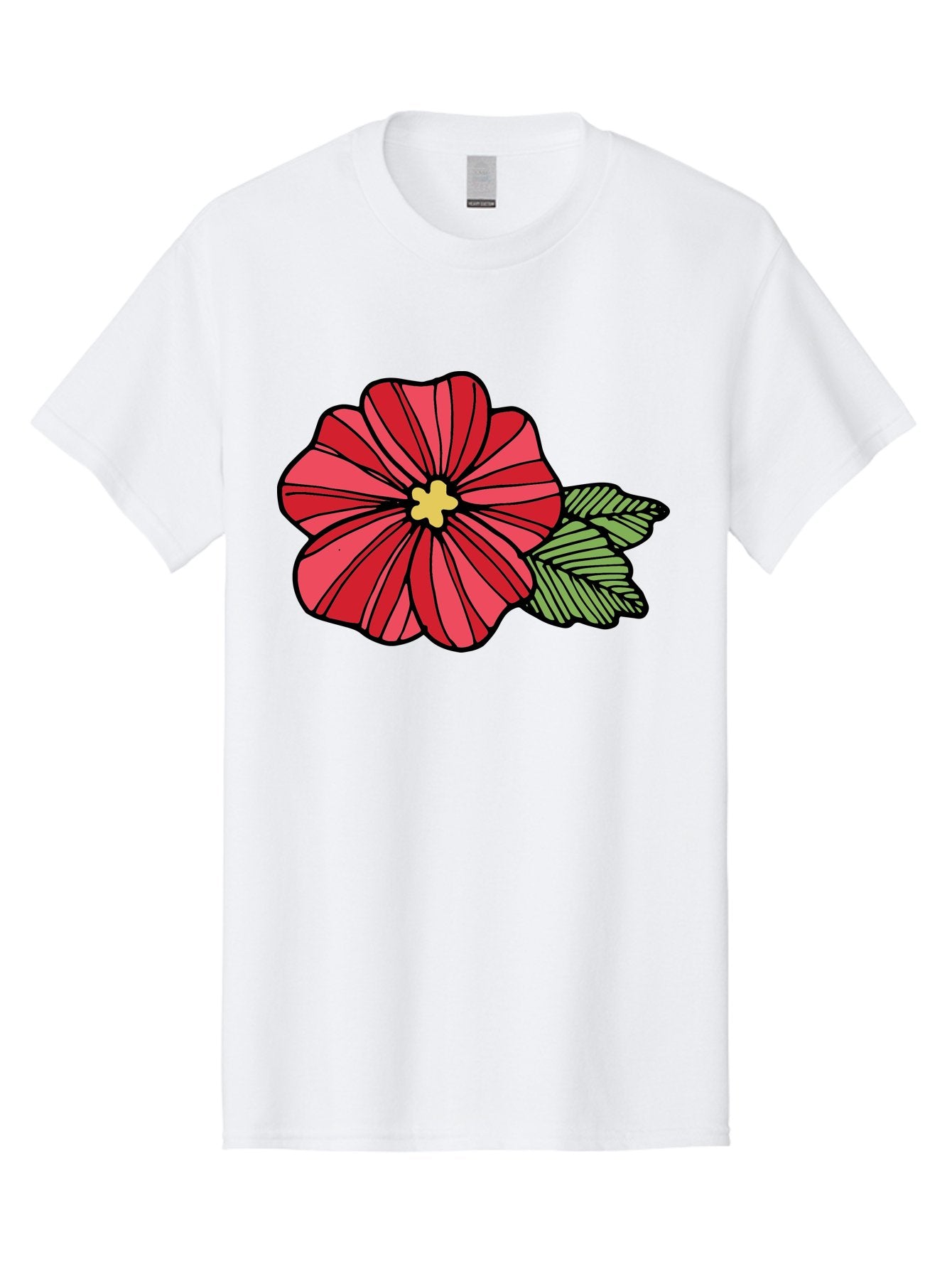 Red-Flower Men'S Graphic Tee, 100% Cotton, Comfortable Casual Summer Wear, Machine Washable, Red Flower, Yellow Center, Green Leaves, Floral Design, Vibrant Petals, Simple Illustration, Cartoon Style, Botanical Art Aab080 3
