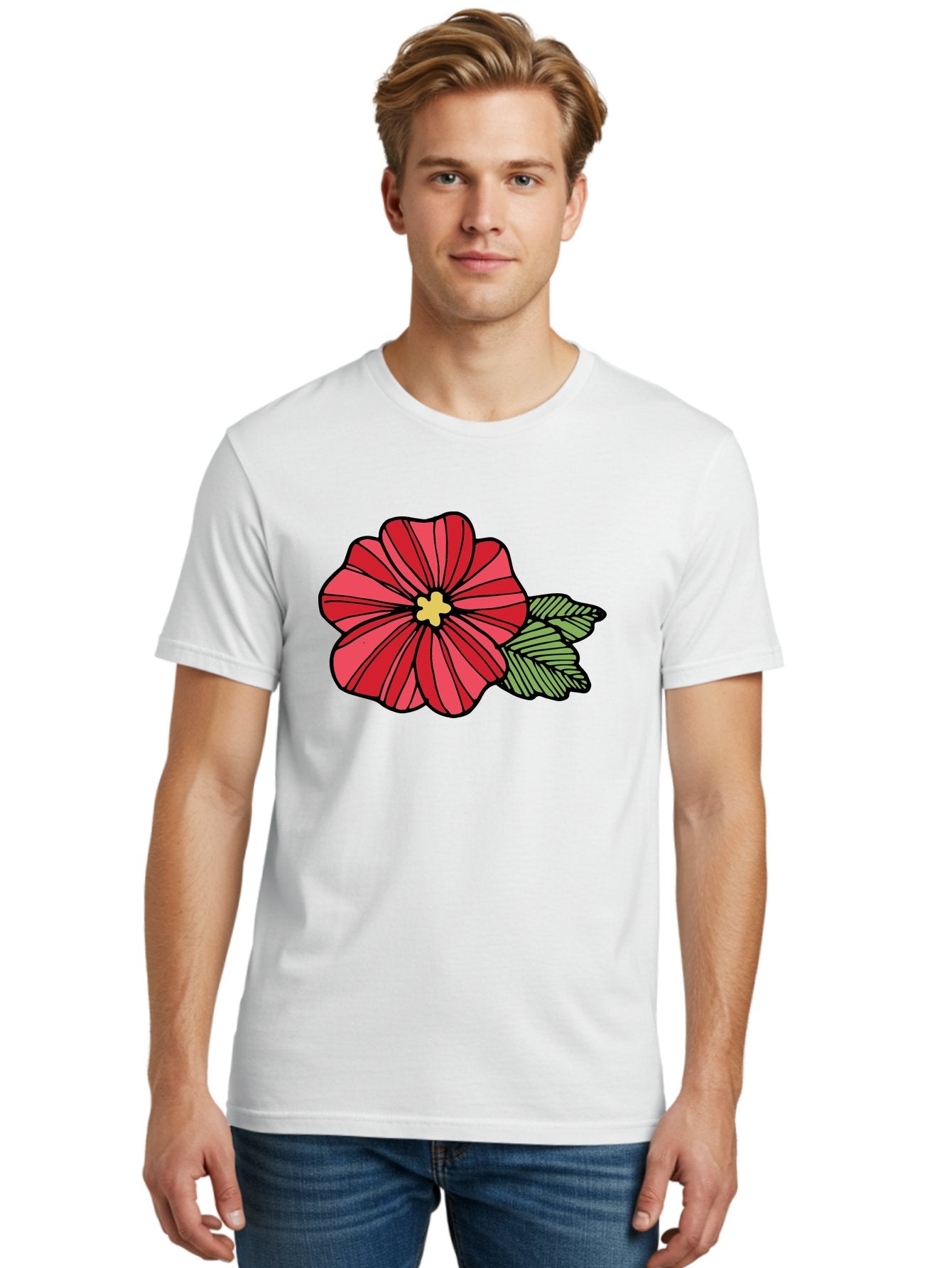 Red-Flower Men'S Graphic Tee, 100% Cotton, Comfortable Casual Summer Wear, Machine Washable, Red Flower, Yellow Center, Green Leaves, Floral Design, Vibrant Petals, Simple Illustration, Cartoon Style, Botanical Art Aab080 22