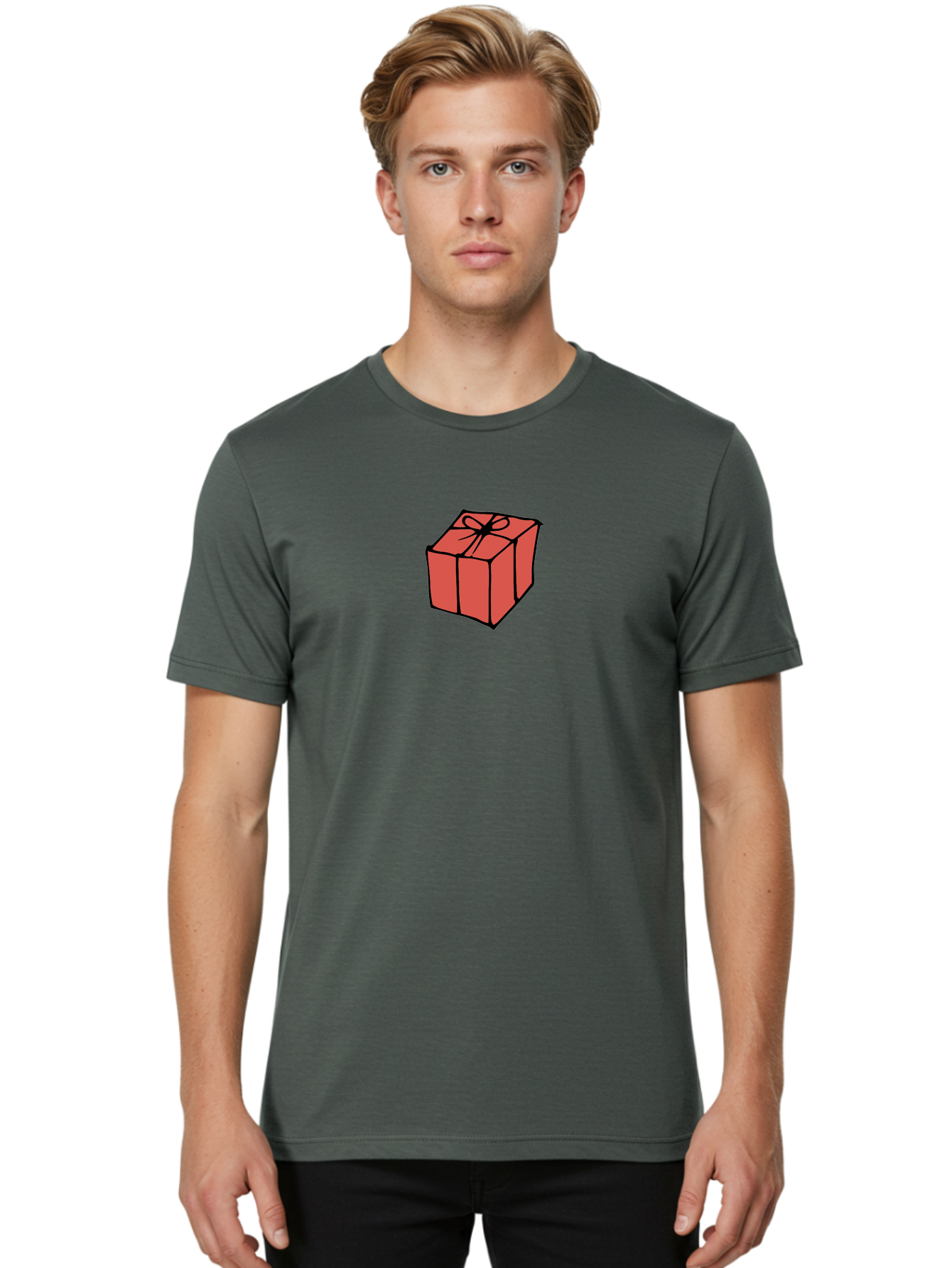 Red-Gift-Box Men'S Graphic Tee, 100% Cotton, Comfortable Casual Summer Wear, Machine Washable, Red Gift Box, Ribbon, Present, Wrapped Gift, Black Outline, Birthday Gift, Christmas Present, Festive Wrapping, Gift Idea Aab082