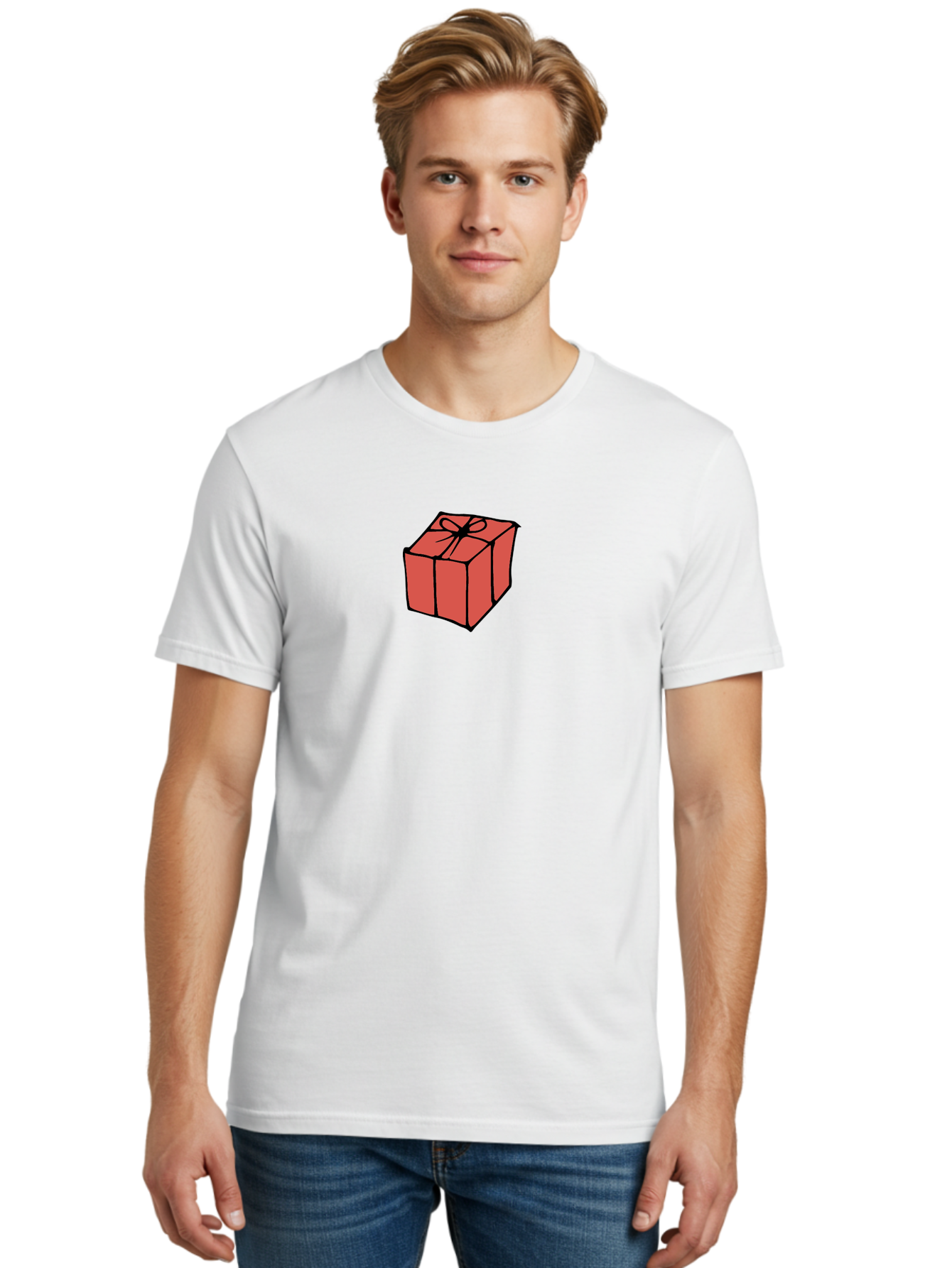 Red-Gift-Box Men'S Graphic Tee, 100% Cotton, Comfortable Casual Summer Wear, Machine Washable, Red Gift Box, Ribbon, Present, Wrapped Gift, Black Outline, Birthday Gift, Christmas Present, Festive Wrapping, Gift Idea Aab082 24
