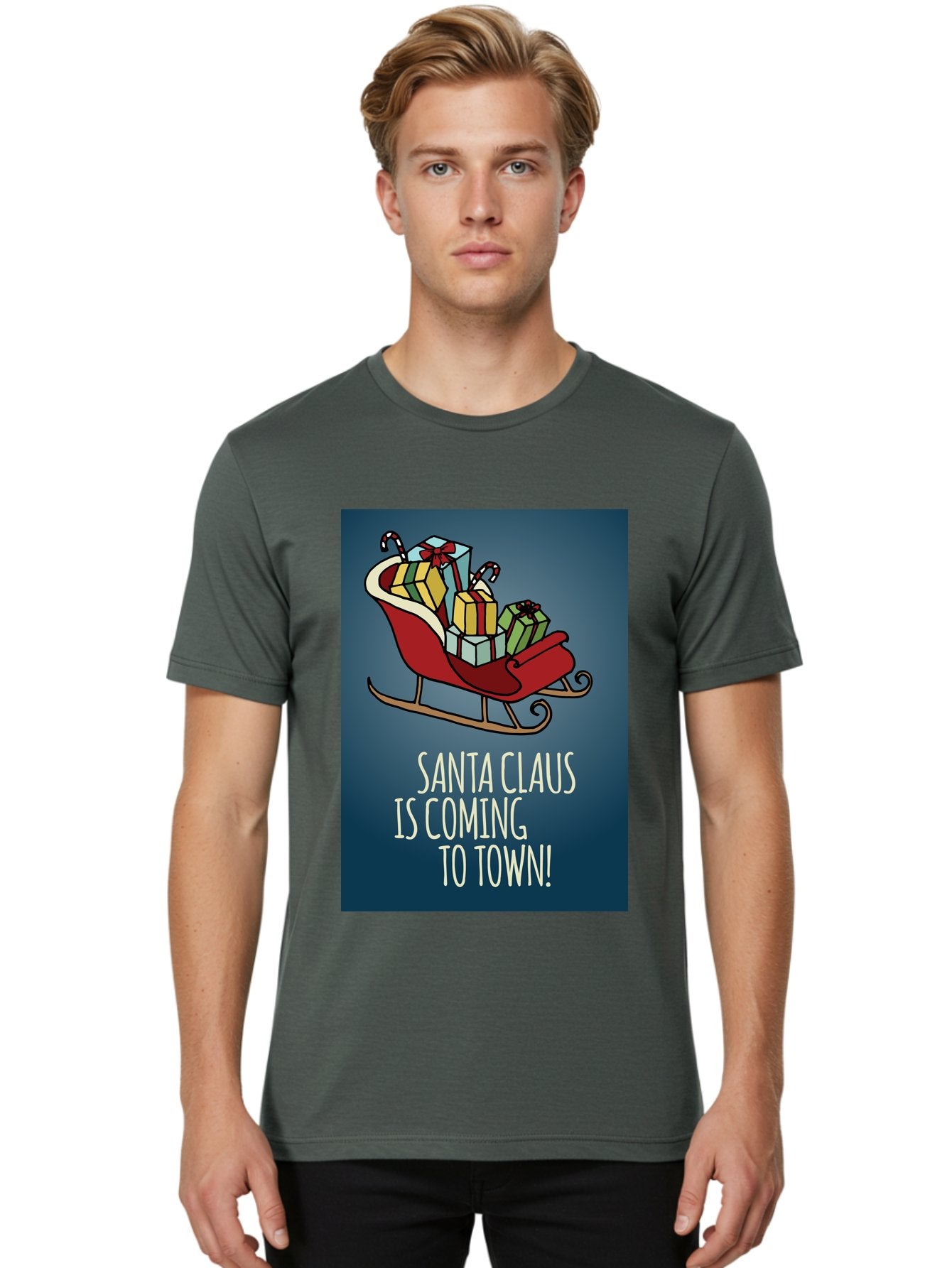 Santa-Claus-Is-Coming-To-Town Men'S Graphic Tee, 100% Cotton, Comfortable Casual Summer Wear, Machine Washable, Santa Claus, Christmas Gifts, Holiday Season, Festive Sleigh, Candy Canes, Wrapped Presents, Christmas Magic, Joyful Atmosphere, Aab093 25