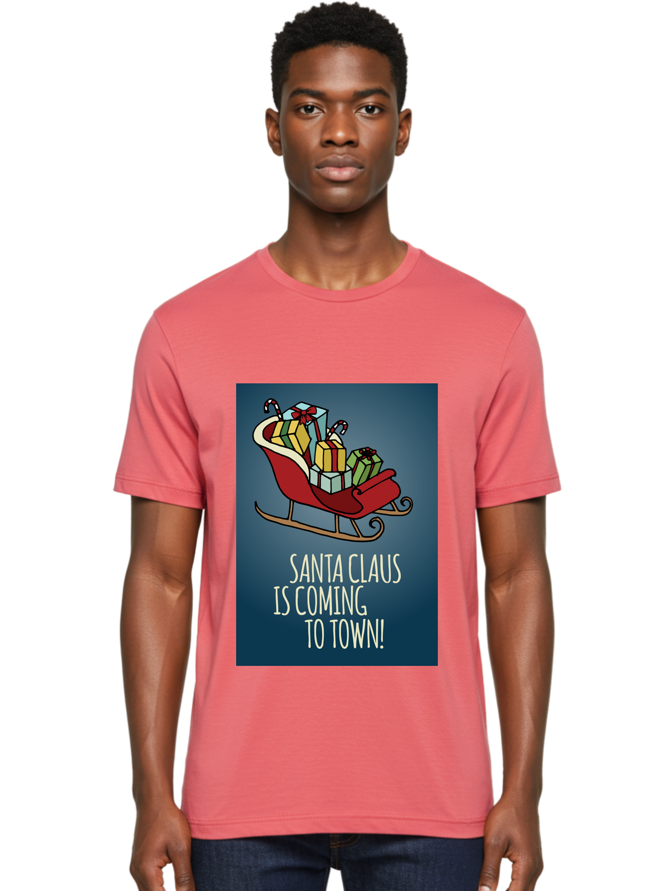 Santa-Claus-Is-Coming-To-Town Men'S Graphic Tee, 100% Cotton, Comfortable Casual Summer Wear, Machine Washable, Santa Claus, Christmas Gifts, Holiday Season, Festive Sleigh, Candy Canes, Wrapped Presents, Christmas Magic, Joyful Atmosphere, Aab093 18