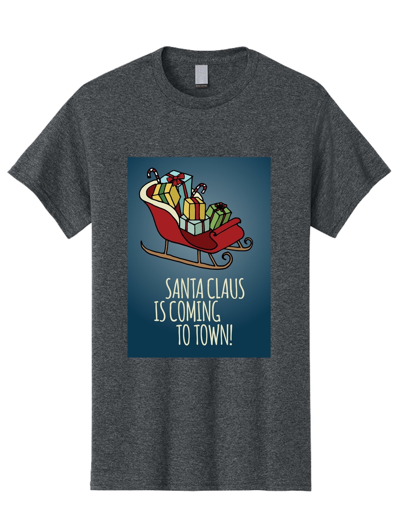 Santa-Claus-Is-Coming-To-Town Men'S Graphic Tee, 100% Cotton, Comfortable Casual Summer Wear, Machine Washable, Santa Claus, Christmas Gifts, Holiday Season, Festive Sleigh, Candy Canes, Wrapped Presents, Christmas Magic, Joyful Atmosphere, Aab093