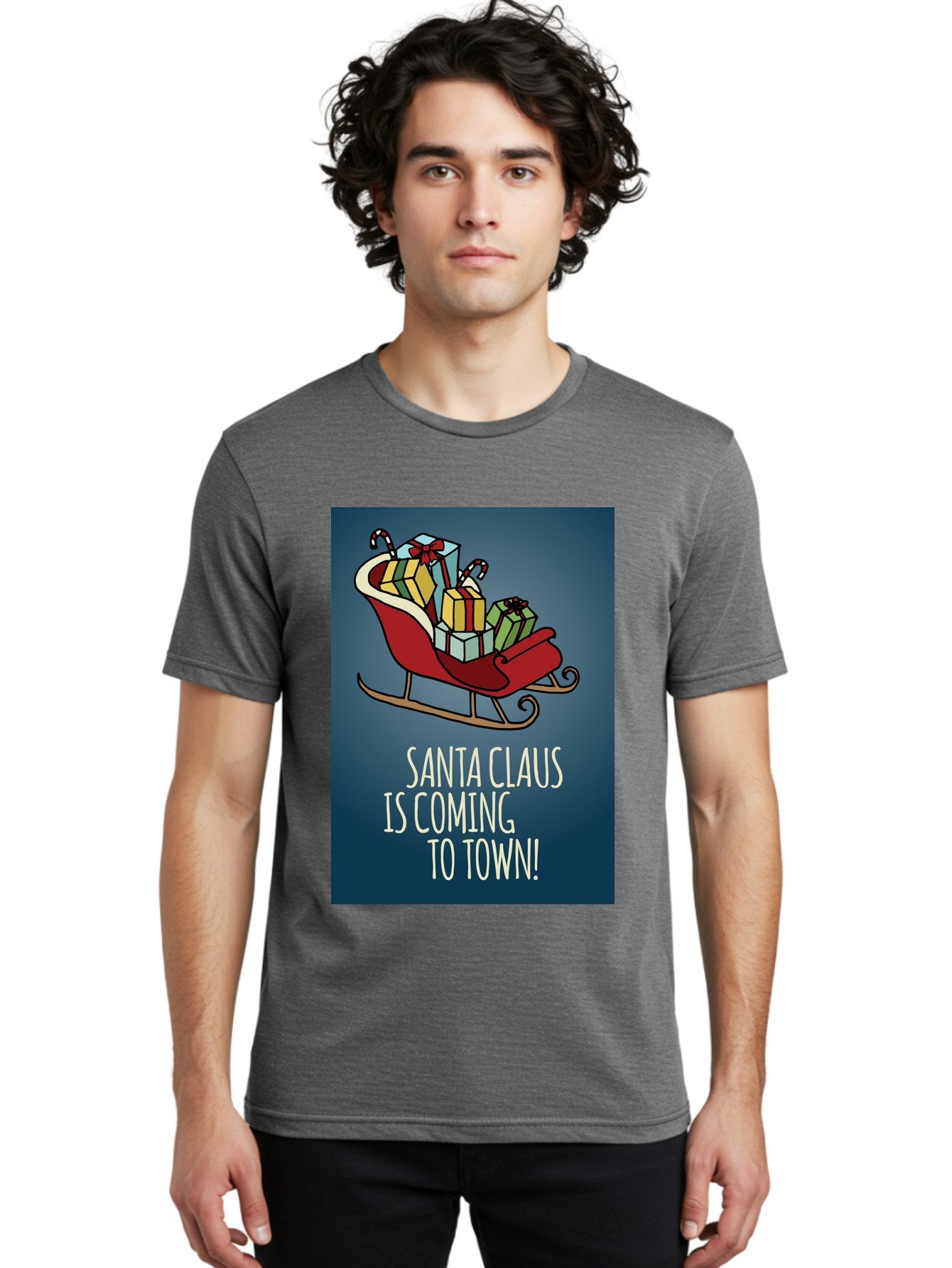 Santa-Claus-Is-Coming-To-Town Men'S Graphic Tee, 100% Cotton, Comfortable Casual Summer Wear, Machine Washable, Santa Claus, Christmas Gifts, Holiday Season, Festive Sleigh, Candy Canes, Wrapped Presents, Christmas Magic, Joyful Atmosphere, Aab093 17