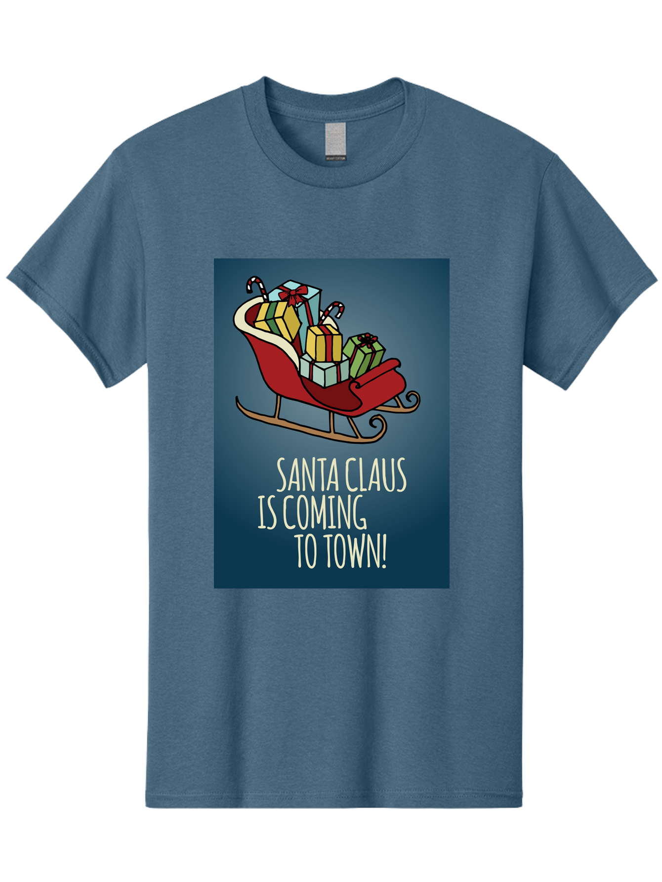 Santa-Claus-Is-Coming-To-Town Men'S Graphic Tee, 100% Cotton, Comfortable Casual Summer Wear, Machine Washable, Santa Claus, Christmas Gifts, Holiday Season, Festive Sleigh, Candy Canes, Wrapped Presents, Christmas Magic, Joyful Atmosphere, Aab093 3