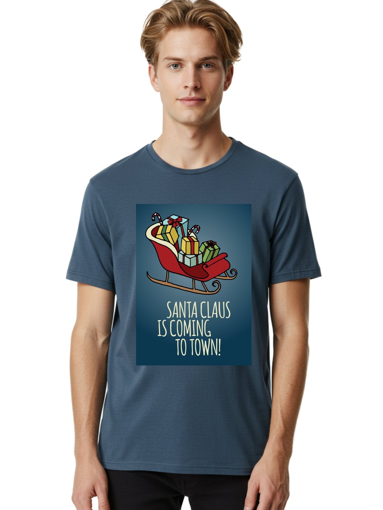 Santa-Claus-Is-Coming-To-Town Men'S Graphic Tee, 100% Cotton, Comfortable Casual Summer Wear, Machine Washable, Santa Claus, Christmas Gifts, Holiday Season, Festive Sleigh, Candy Canes, Wrapped Presents, Christmas Magic, Joyful Atmosphere, Aab093 29