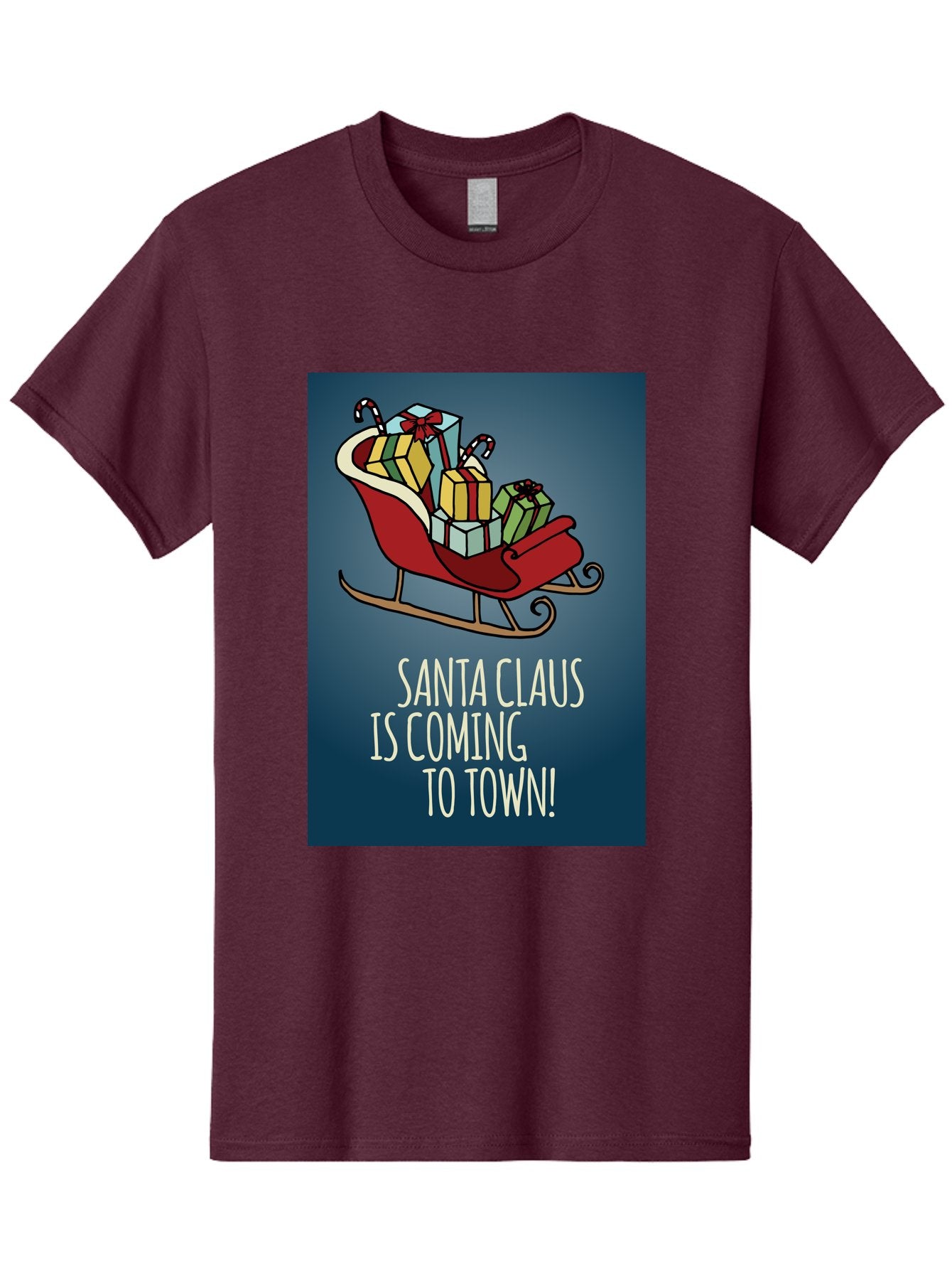 Santa-Claus-Is-Coming-To-Town Men'S Graphic Tee, 100% Cotton, Comfortable Casual Summer Wear, Machine Washable, Santa Claus, Christmas Gifts, Holiday Season, Festive Sleigh, Candy Canes, Wrapped Presents, Christmas Magic, Joyful Atmosphere, Aab093
