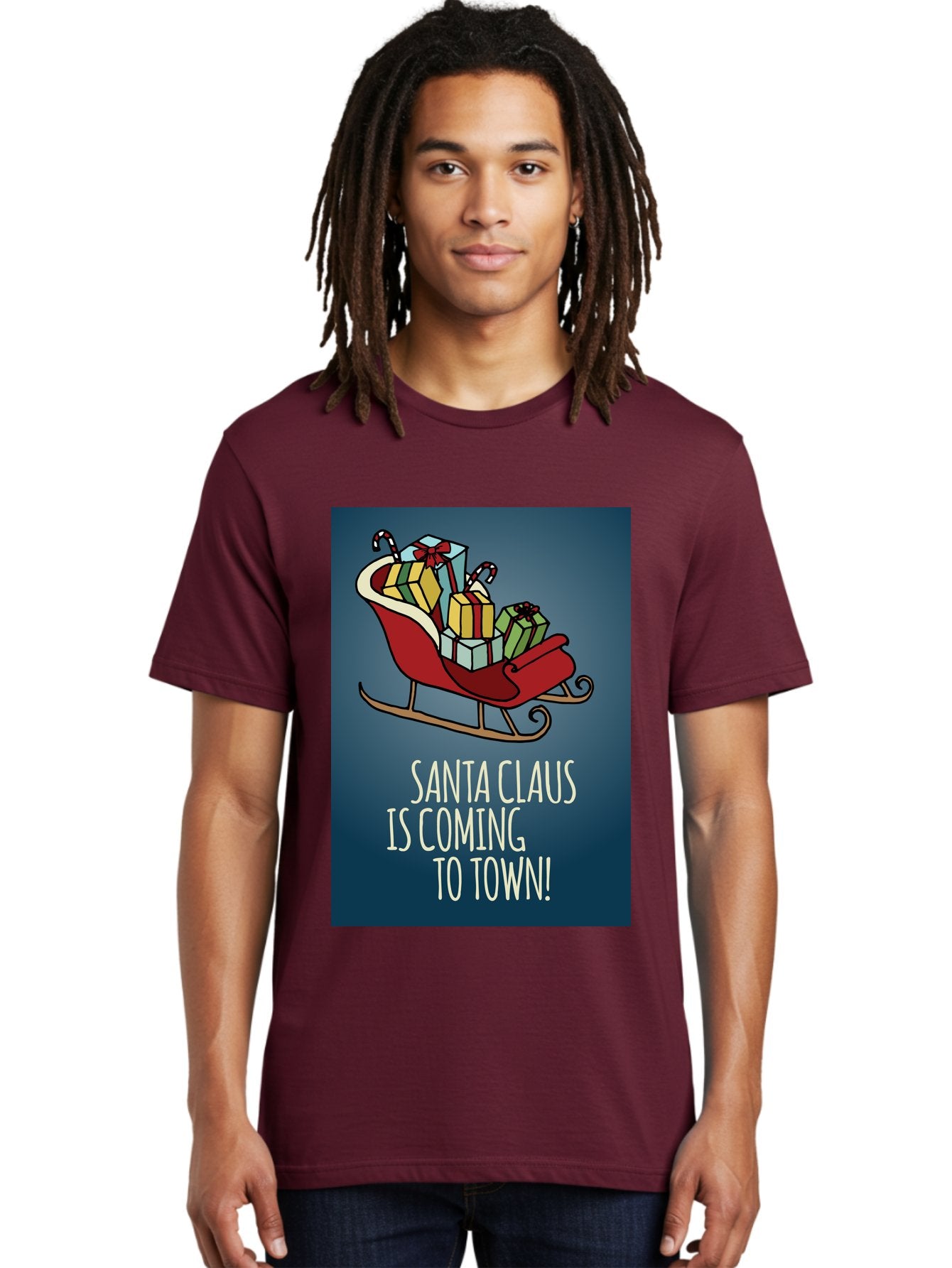 Santa-Claus-Is-Coming-To-Town Men'S Graphic Tee, 100% Cotton, Comfortable Casual Summer Wear, Machine Washable, Santa Claus, Christmas Gifts, Holiday Season, Festive Sleigh, Candy Canes, Wrapped Presents, Christmas Magic, Joyful Atmosphere, Aab093 19
