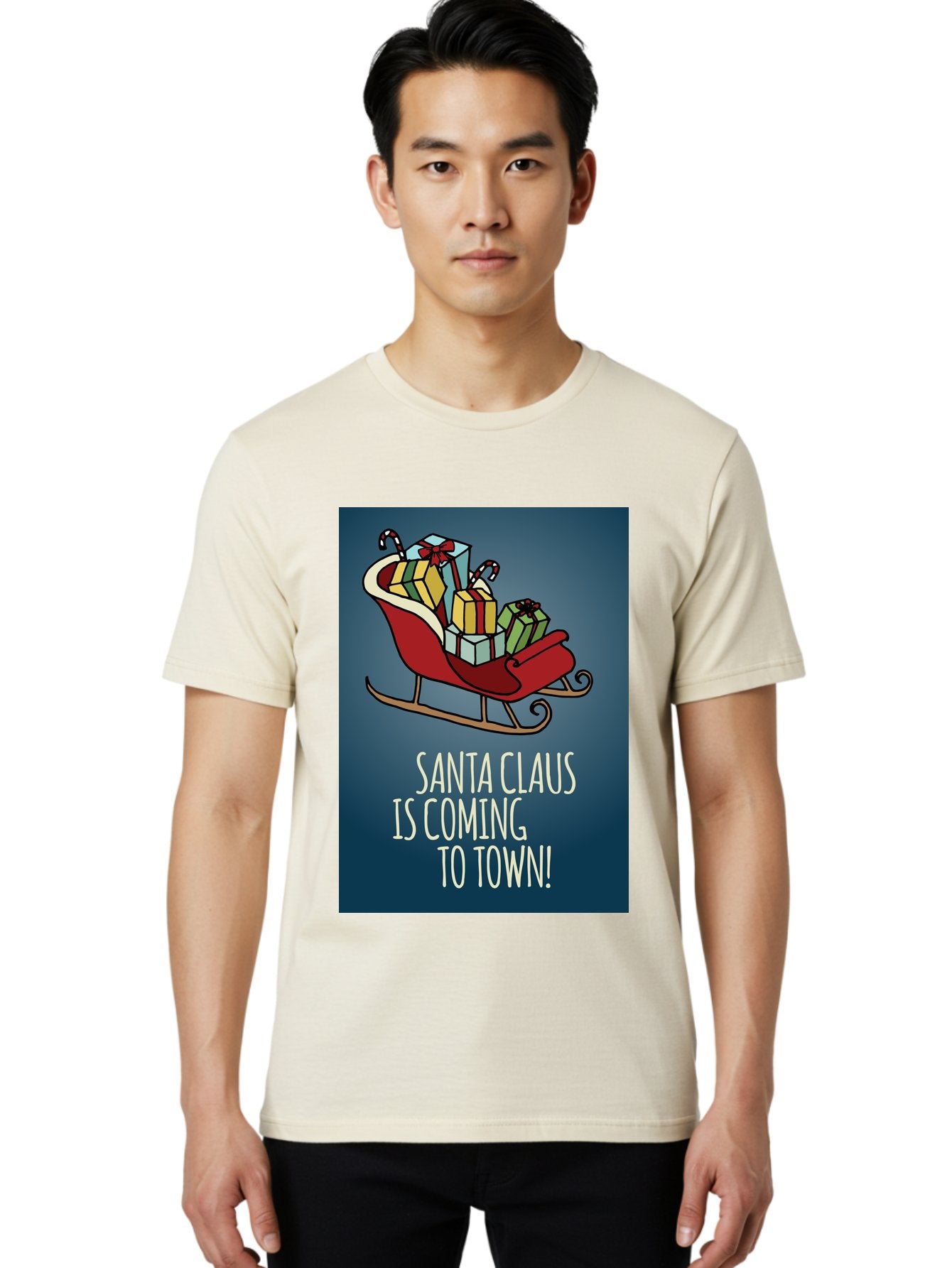 Santa-Claus-Is-Coming-To-Town Men'S Graphic Tee, 100% Cotton, Comfortable Casual Summer Wear, Machine Washable, Santa Claus, Christmas Gifts, Holiday Season, Festive Sleigh, Candy Canes, Wrapped Presents, Christmas Magic, Joyful Atmosphere, Aab093 18
