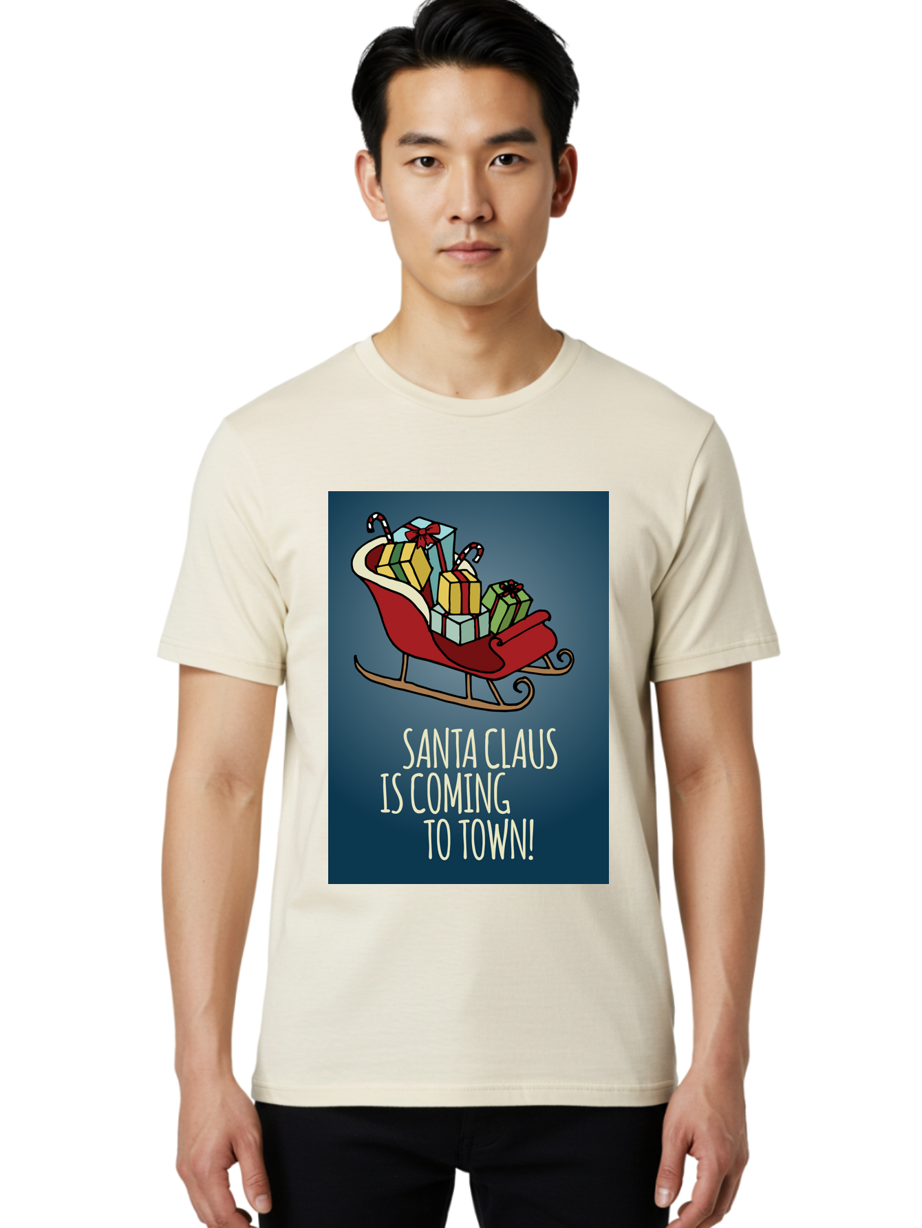 Santa-Claus-Is-Coming-To-Town Men'S Graphic Tee, 100% Cotton, Comfortable Casual Summer Wear, Machine Washable, Santa Claus, Christmas Gifts, Holiday Season, Festive Sleigh, Candy Canes, Wrapped Presents, Christmas Magic, Joyful Atmosphere, Aab093 24