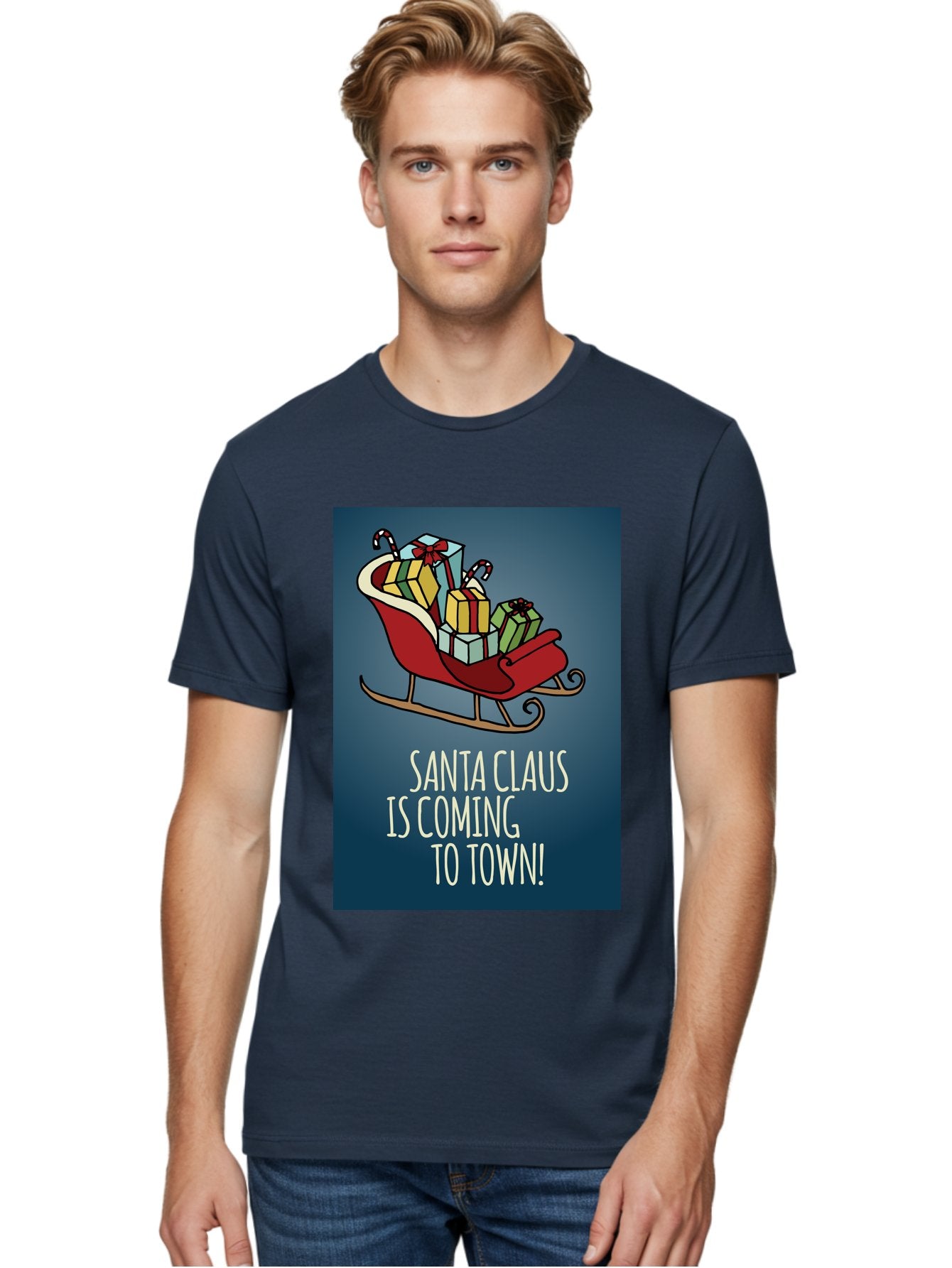 Santa-Claus-Is-Coming-To-Town Men'S Graphic Tee, 100% Cotton, Comfortable Casual Summer Wear, Machine Washable, Santa Claus, Christmas Gifts, Holiday Season, Festive Sleigh, Candy Canes, Wrapped Presents, Christmas Magic, Joyful Atmosphere, Aab093 26