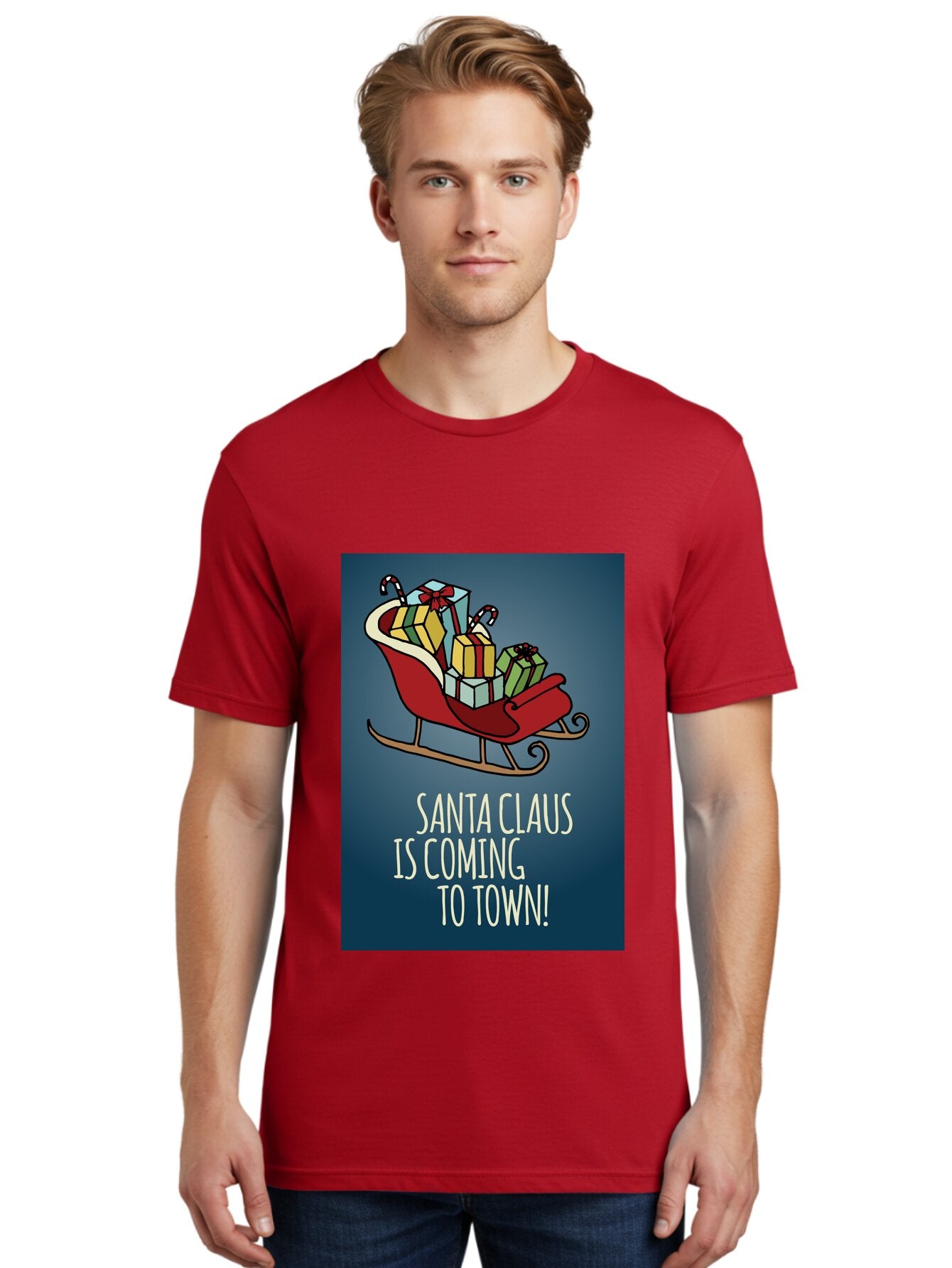 Santa-Claus-Is-Coming-To-Town Men'S Graphic Tee, 100% Cotton, Comfortable Casual Summer Wear, Machine Washable, Santa Claus, Christmas Gifts, Holiday Season, Festive Sleigh, Candy Canes, Wrapped Presents, Christmas Magic, Joyful Atmosphere, Aab093 23