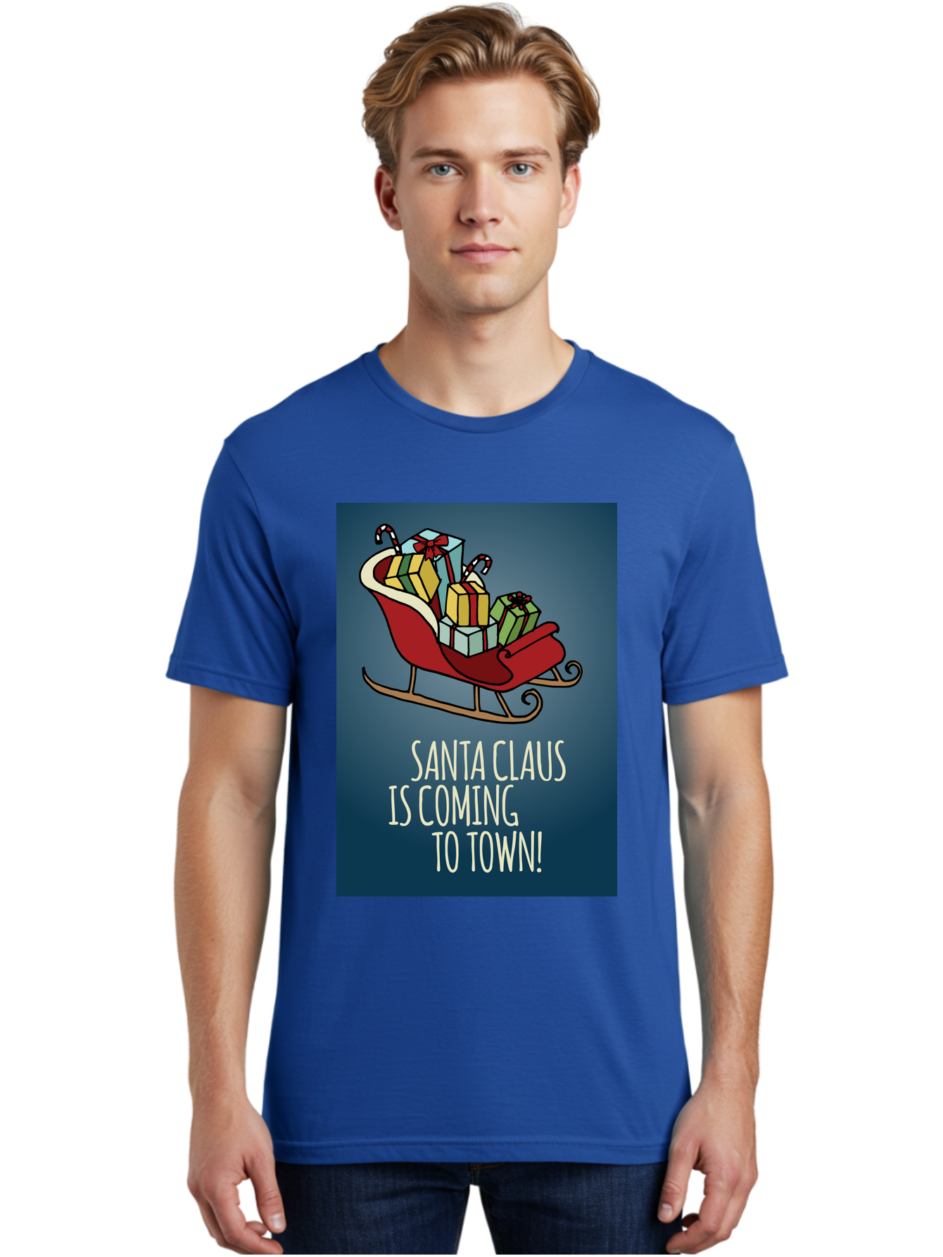 Santa-Claus-Is-Coming-To-Town Men'S Graphic Tee, 100% Cotton, Comfortable Casual Summer Wear, Machine Washable, Santa Claus, Christmas Gifts, Holiday Season, Festive Sleigh, Candy Canes, Wrapped Presents, Christmas Magic, Joyful Atmosphere, Aab093 6