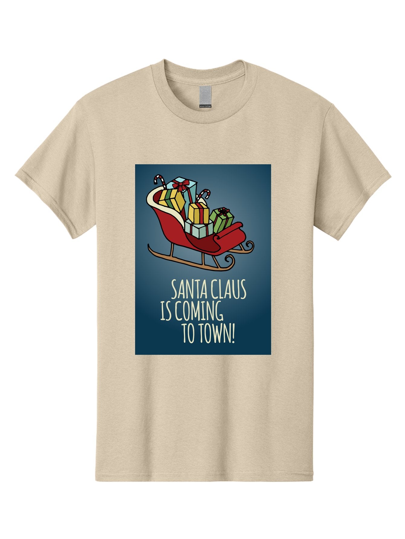 Santa-Claus-Is-Coming-To-Town Men'S Graphic Tee, 100% Cotton, Comfortable Casual Summer Wear, Machine Washable, Santa Claus, Christmas Gifts, Holiday Season, Festive Sleigh, Candy Canes, Wrapped Presents, Christmas Magic, Joyful Atmosphere, Aab093 11