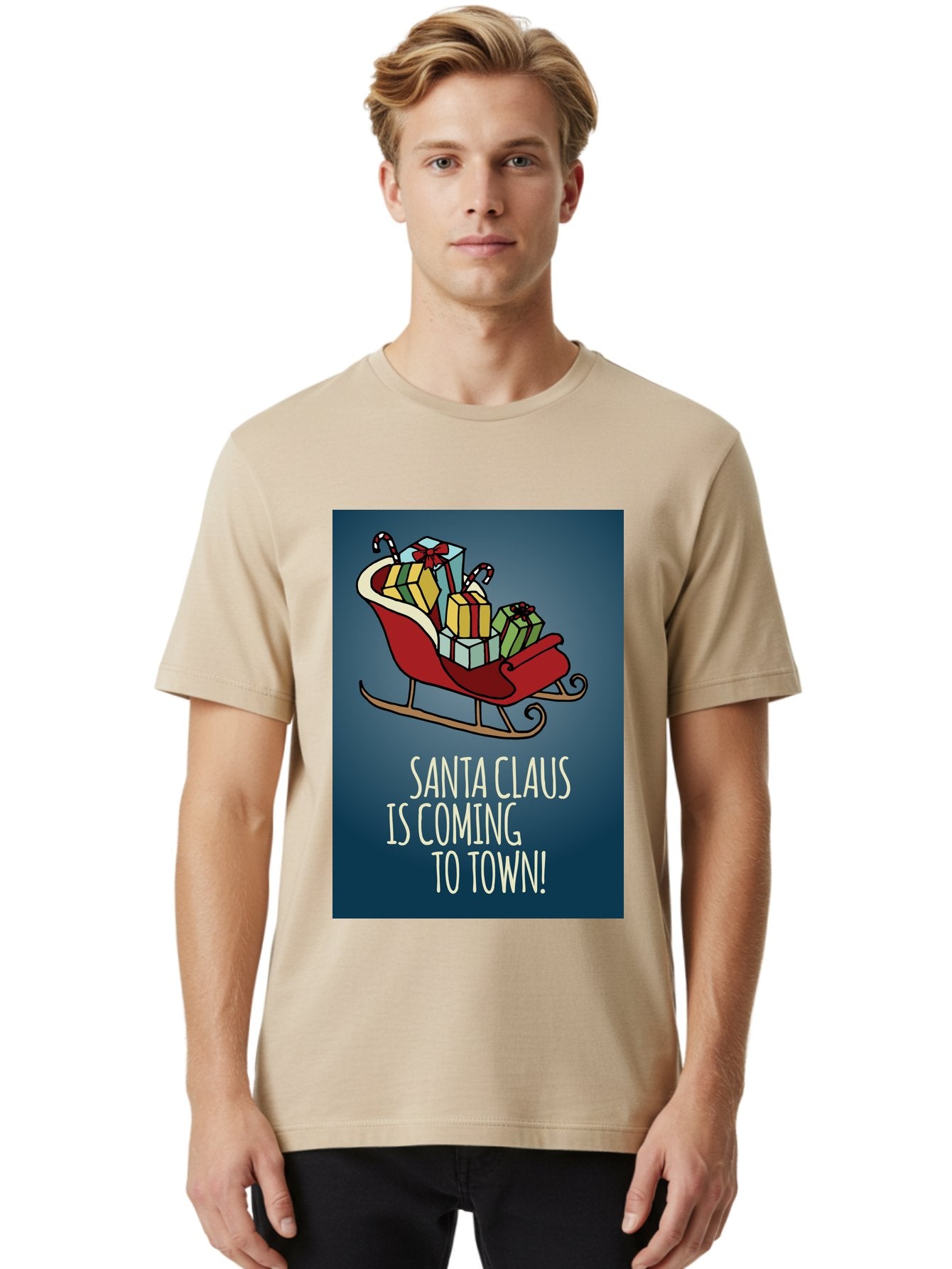 Santa-Claus-Is-Coming-To-Town Men'S Graphic Tee, 100% Cotton, Comfortable Casual Summer Wear, Machine Washable, Santa Claus, Christmas Gifts, Holiday Season, Festive Sleigh, Candy Canes, Wrapped Presents, Christmas Magic, Joyful Atmosphere, Aab093 27