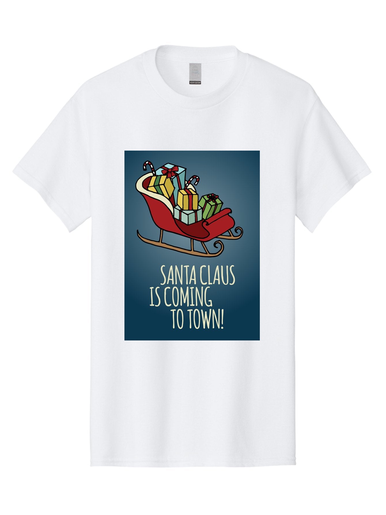 Santa-Claus-Is-Coming-To-Town Men'S Graphic Tee, 100% Cotton, Comfortable Casual Summer Wear, Machine Washable, Santa Claus, Christmas Gifts, Holiday Season, Festive Sleigh, Candy Canes, Wrapped Presents, Christmas Magic, Joyful Atmosphere, Aab093 13