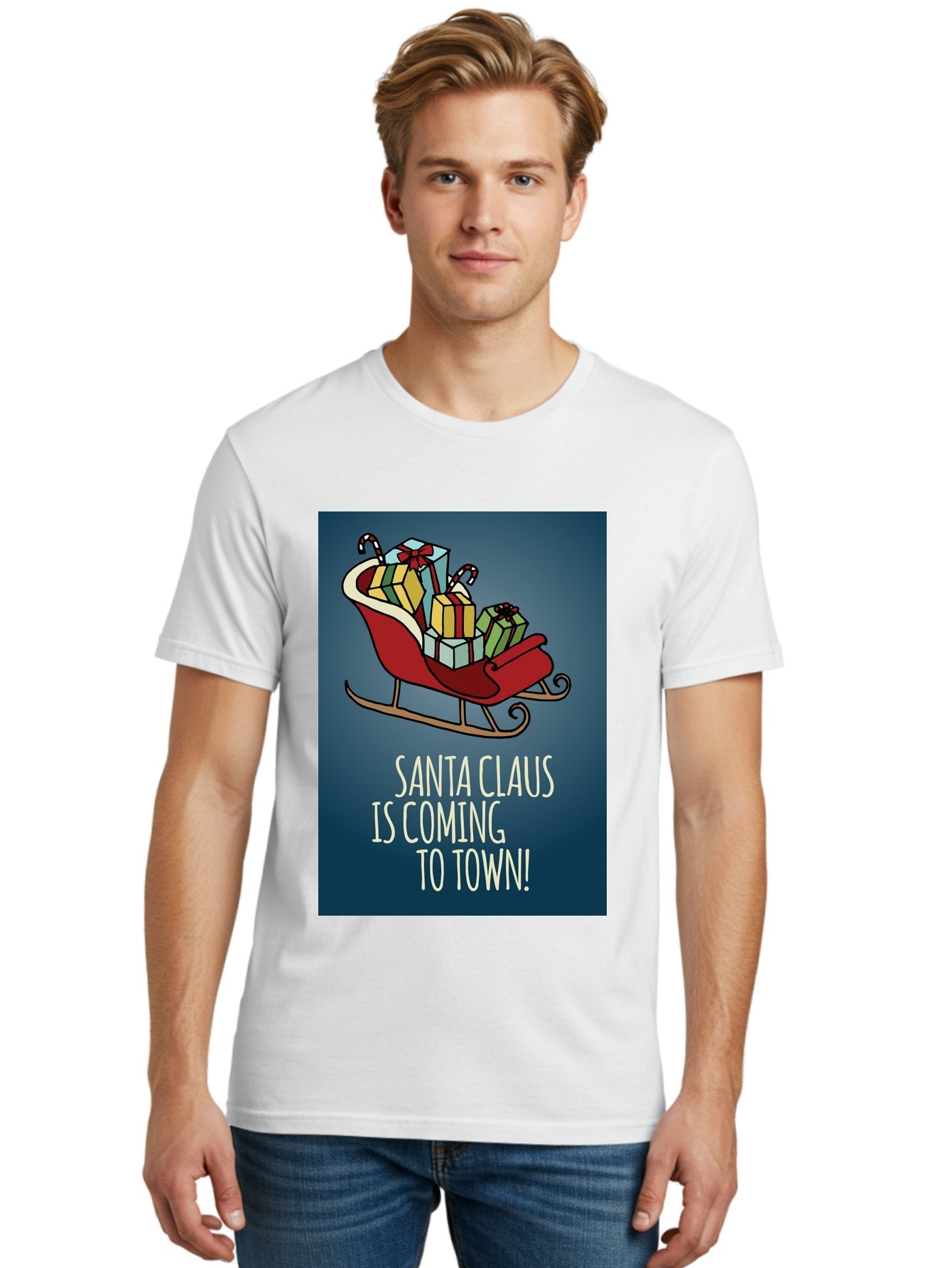 Santa-Claus-Is-Coming-To-Town Men'S Graphic Tee, 100% Cotton, Comfortable Casual Summer Wear, Machine Washable, Santa Claus, Christmas Gifts, Holiday Season, Festive Sleigh, Candy Canes, Wrapped Presents, Christmas Magic, Joyful Atmosphere, Aab093 20