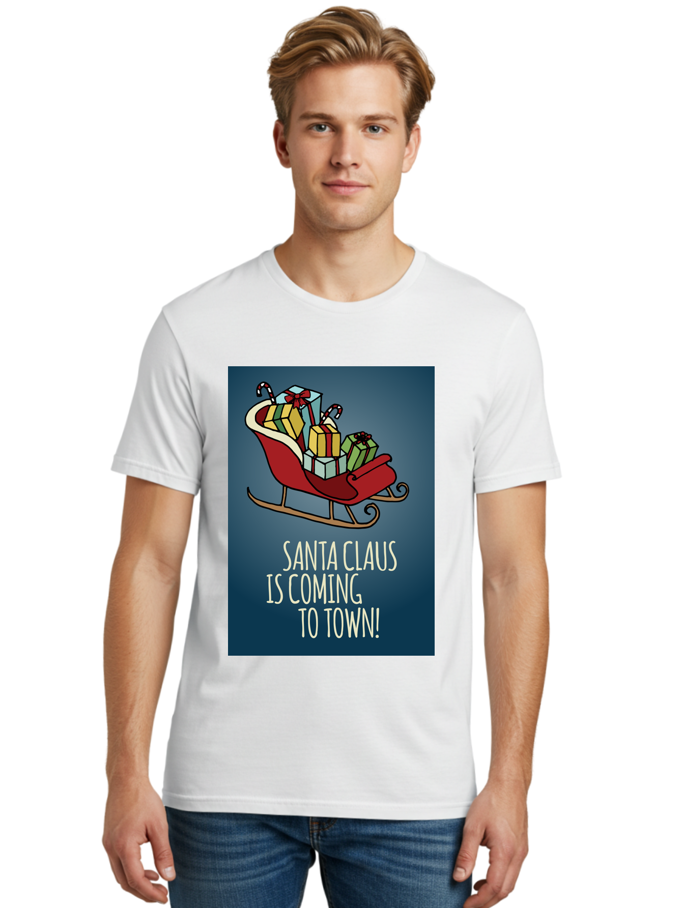 Santa-Claus-Is-Coming-To-Town Men'S Graphic Tee, 100% Cotton, Comfortable Casual Summer Wear, Machine Washable, Santa Claus, Christmas Gifts, Holiday Season, Festive Sleigh, Candy Canes, Wrapped Presents, Christmas Magic, Joyful Atmosphere, Aab093 30